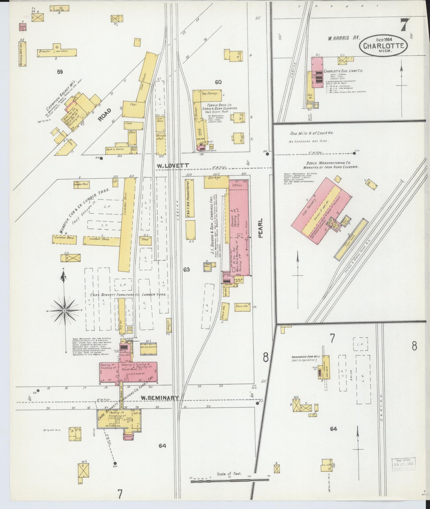 Sanborn Fire Insurance Map from Charlotte, Eaton County, Michigan (1904), Sheet #0007 - Historic Sanborn Fire Insurance Map Print, vintage old map wall art, antique decor, genealogy gift, Michigan Michigan map