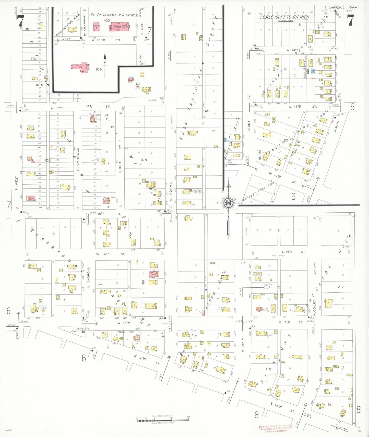 Sanborn Fire Insurance Map from Carroll, Carroll County, Iowa (1935), Sheet #0007 - Historic Sanborn Fire Insurance Map Print, vintage old map wall art