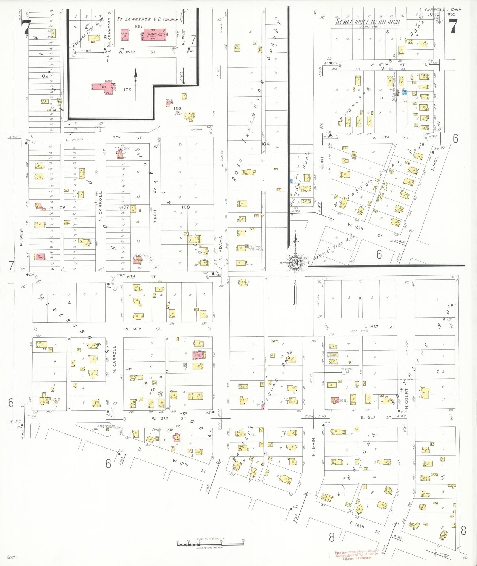 Sanborn Fire Insurance Map from Carroll, Carroll County, Iowa (1935), Sheet #0007 - Historic Sanborn Fire Insurance Map Print, vintage old map wall art