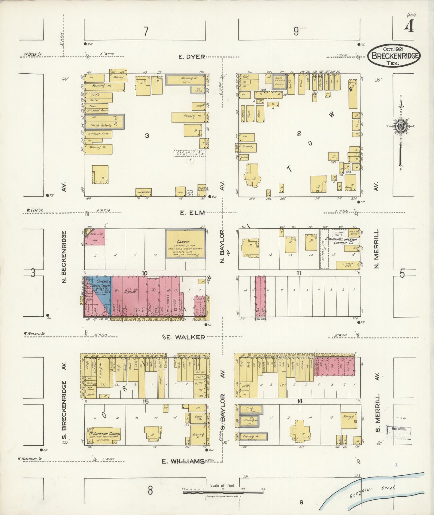 Sanborn Fire Insurance Map from Breckenridge, Stephens County, Texas (1921), Sheet #0004 - Historic Sanborn Fire Insurance Map Print, vintage old map wall art, antique decor, genealogy gift, Texas Texas map