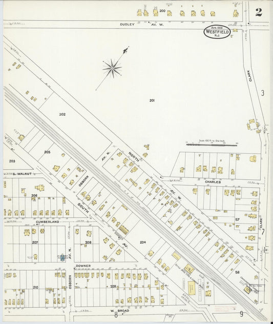 Sanborn Fire Insurance Map from Westfield, Union County, New Jersey (1909), Sheet #0002 - Historic Sanborn Fire Insurance Map Print, vintage old map wall art, antique decor, genealogy gift, New Jersey New Jersey map