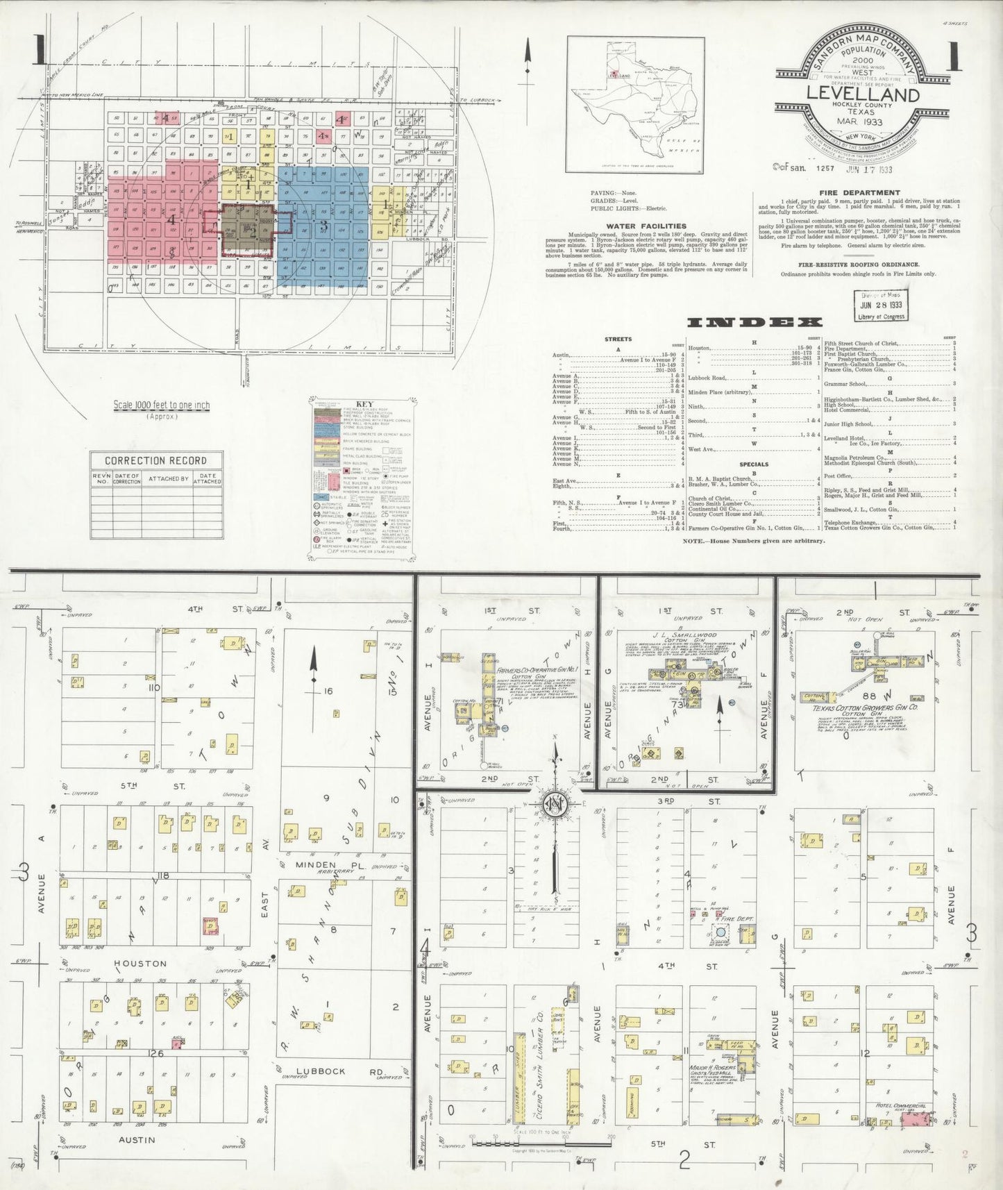 Sanborn Fire Insurance Map from Levelland, Hockley County, Texas (1933), Sheet #0001 - Historic Sanborn Fire Insurance Map Print, vintage old map wall art, antique decor, genealogy gift, Texas Texas map