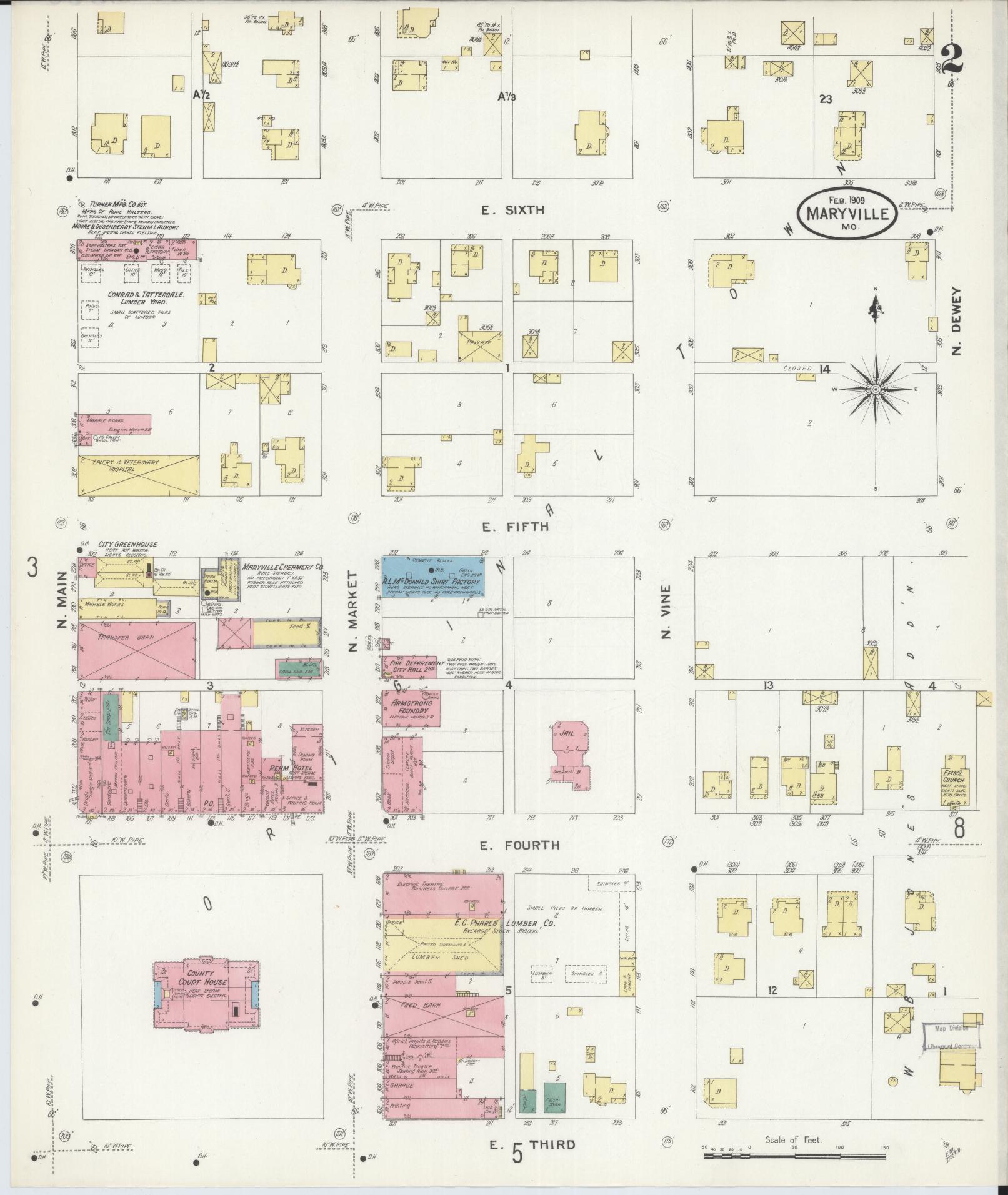 Sanborn Fire Insurance Map from Maryville, Nodaway County, Missouri (1909), Sheet #0002 - Complete Map Set gallery image, historic Sanborn map, vintage wall art, Missouri Missouri