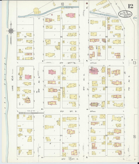 Sanborn Fire Insurance Map from Saint Cloud, Stearns, Benton, and Sherburne Counties, Minnesota (1913), Sheet #0012 - Historic Sanborn Fire Insurance Map Print, vintage old map wall art, antique decor, genealogy gift, Minnesota Minnesota map