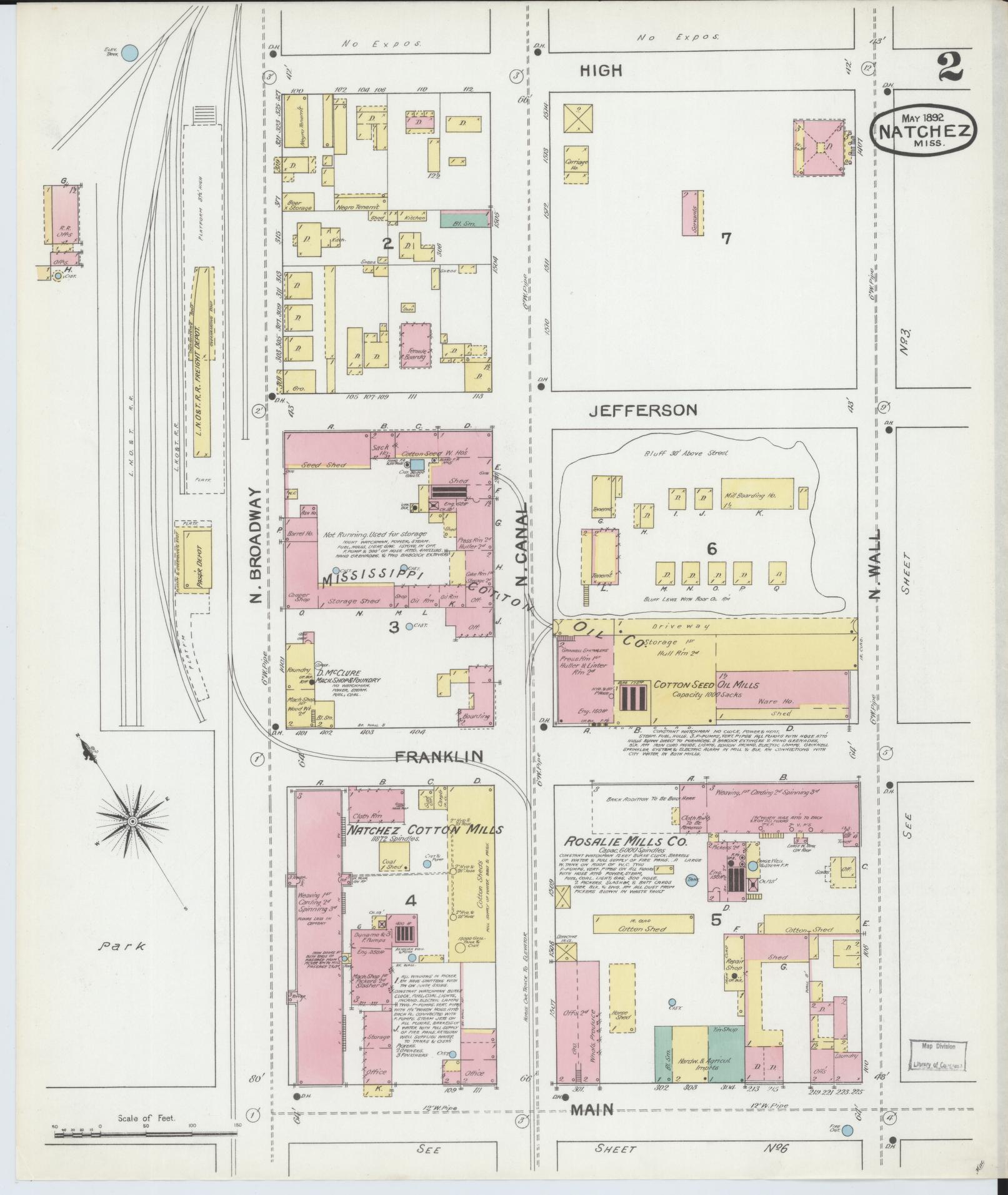 Sanborn Fire Insurance Map from Natchez, Adams County, Mississippi (1892), Sheet #0002 - Historic Sanborn Fire Insurance Map Print, vintage old map wall art, antique decor, genealogy gift, Mississippi Mississippi map