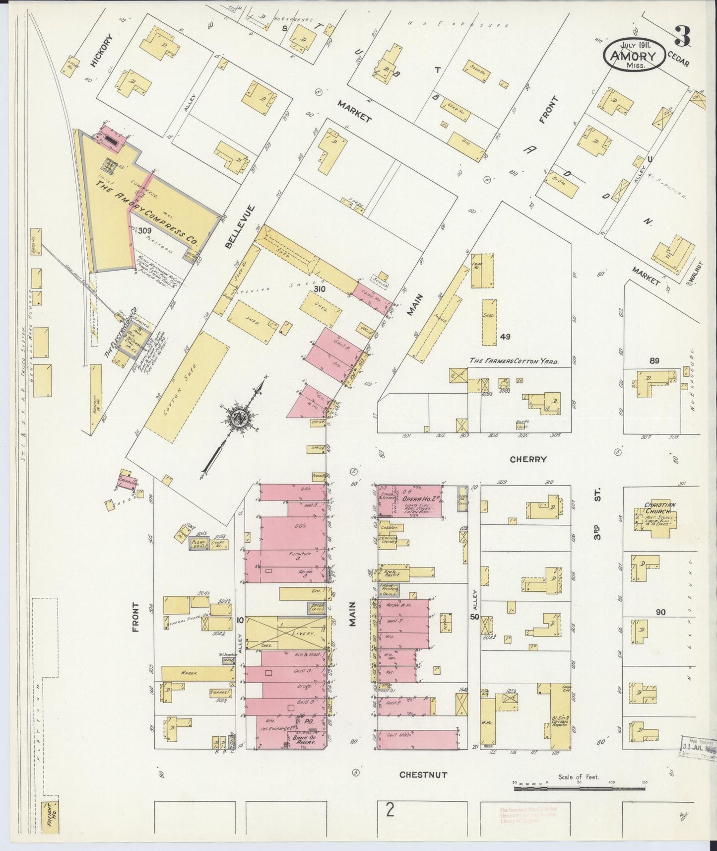 Sanborn Fire Insurance Map from Amory, Monroe County, Mississippi (1911), Sheet #0003 - Complete Map Set gallery image, historic Sanborn map, vintage wall art, Mississippi Mississippi