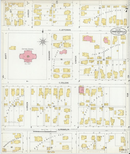Sanborn Fire Insurance Map from Crawfordsville, Montgomery County, Indiana (1902), Sheet #0007 - Historic Sanborn Fire Insurance Map Print, vintage old map wall art, antique decor, genealogy gift, Indiana Indiana map