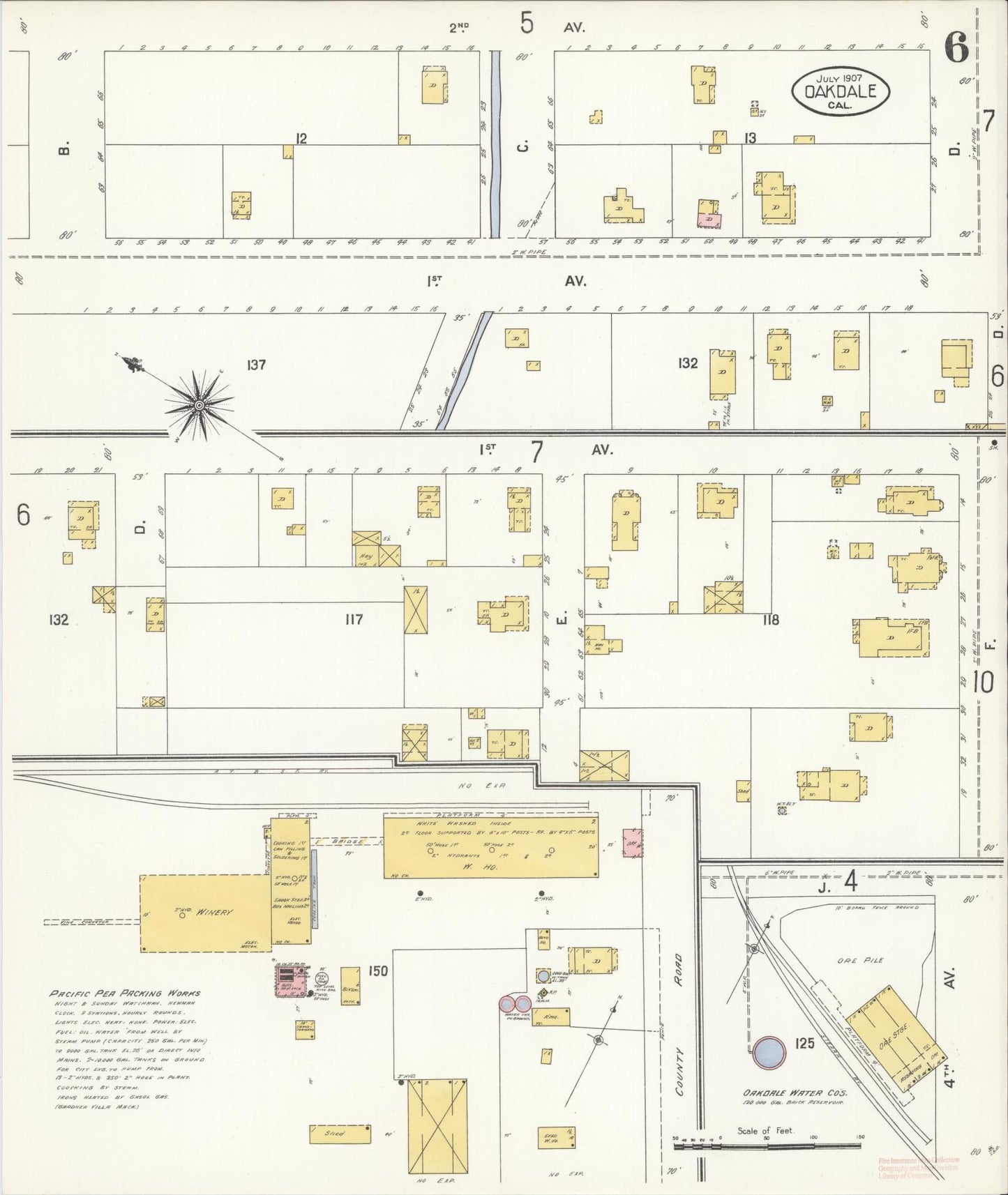 Sanborn Fire Insurance Map from Oakdale, Stanislaus County, California (1907), Sheet #0006 - Complete Map Set gallery image, historic Sanborn map, vintage wall art, California California