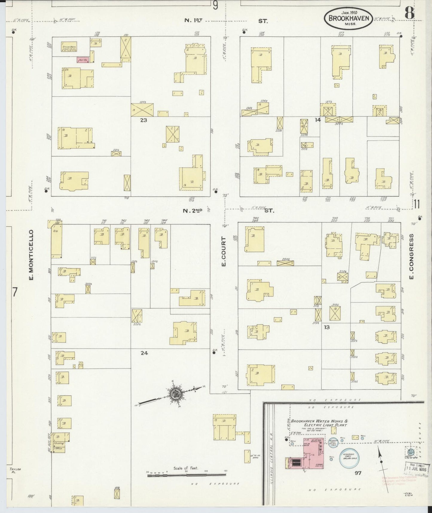 Sanborn Fire Insurance Map from Brookhaven, Lincoln County, Mississippi (1910), Sheet #0008 - Complete Map Set gallery image, historic Sanborn map, vintage wall art, Mississippi Mississippi