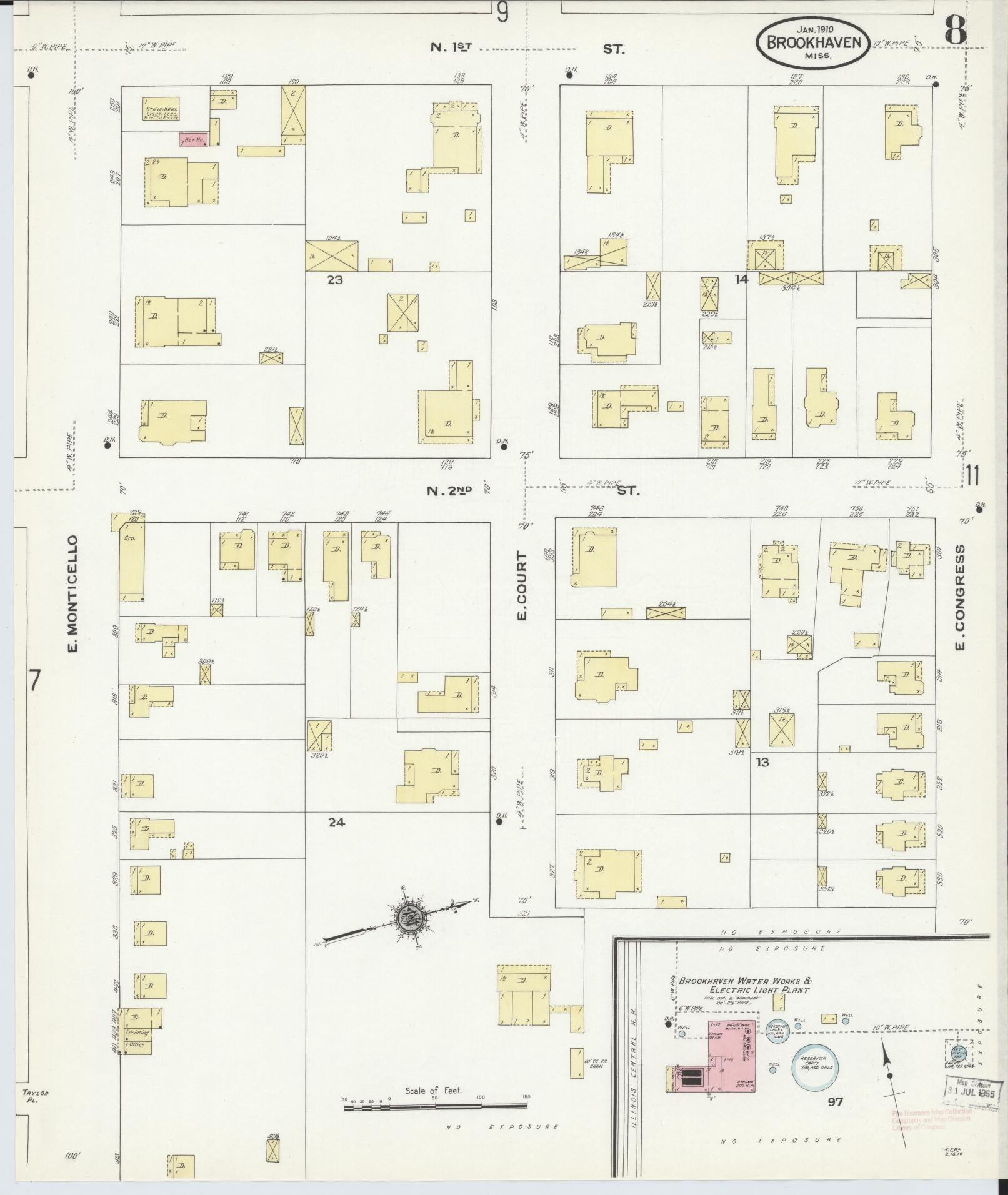Sanborn Fire Insurance Map from Brookhaven, Lincoln County, Mississippi (1910), Sheet #0008 - Complete Map Set gallery image, historic Sanborn map, vintage wall art, Mississippi Mississippi