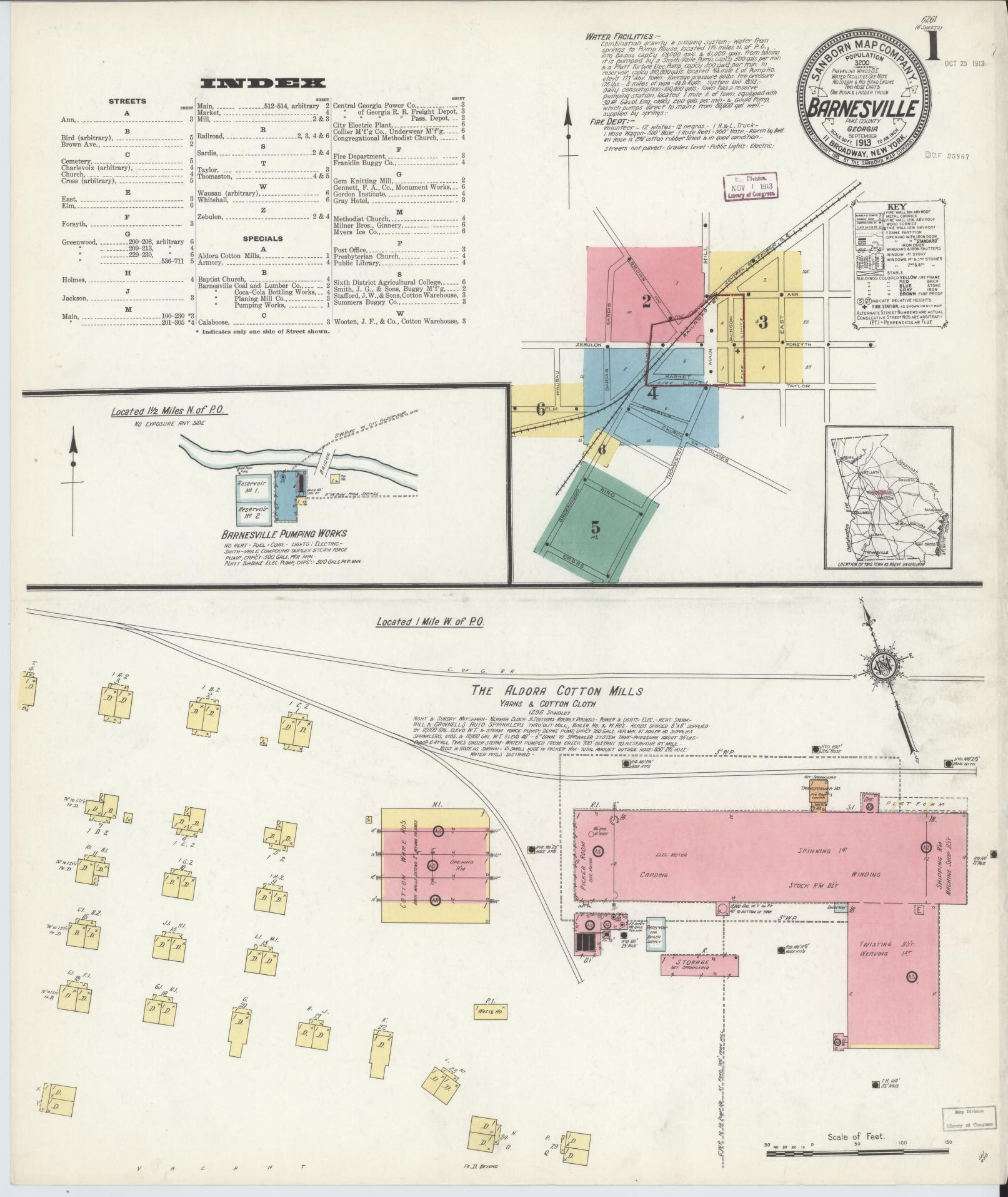 Sanborn Fire Insurance Map from Barnesville, Lamar County, Georgia (1913), Sheet #0001 - Complete Map Set gallery image, historic Sanborn map, vintage wall art, Georgia Georgia