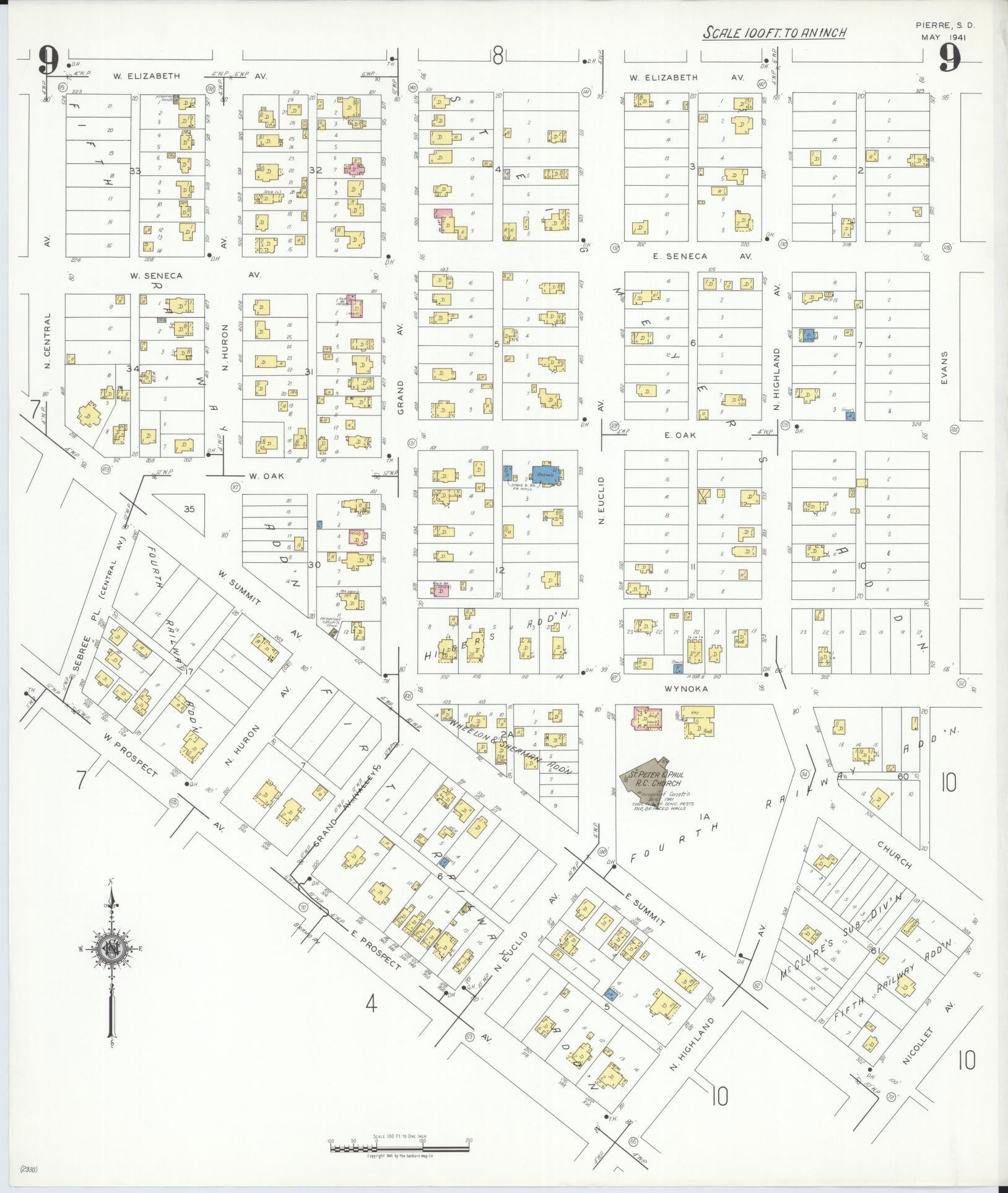 Sanborn Fire Insurance Map from Pierre, Hughes County, South Dakota (1941), Sheet #0009 - Historic Sanborn Fire Insurance Map Print, vintage old map wall art, antique decor, genealogy gift, South Dakota South Dakota map