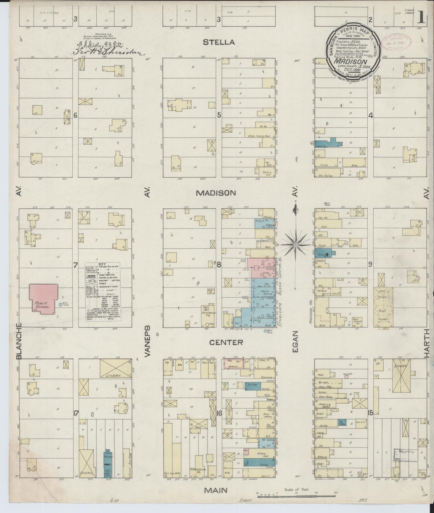 Sanborn Fire Insurance Map from Madison, Lake County, South Dakota (1891), Sheet #0001 - Historic Sanborn Fire Insurance Map Print, vintage old map wall art, antique decor, genealogy gift, South Dakota South Dakota map