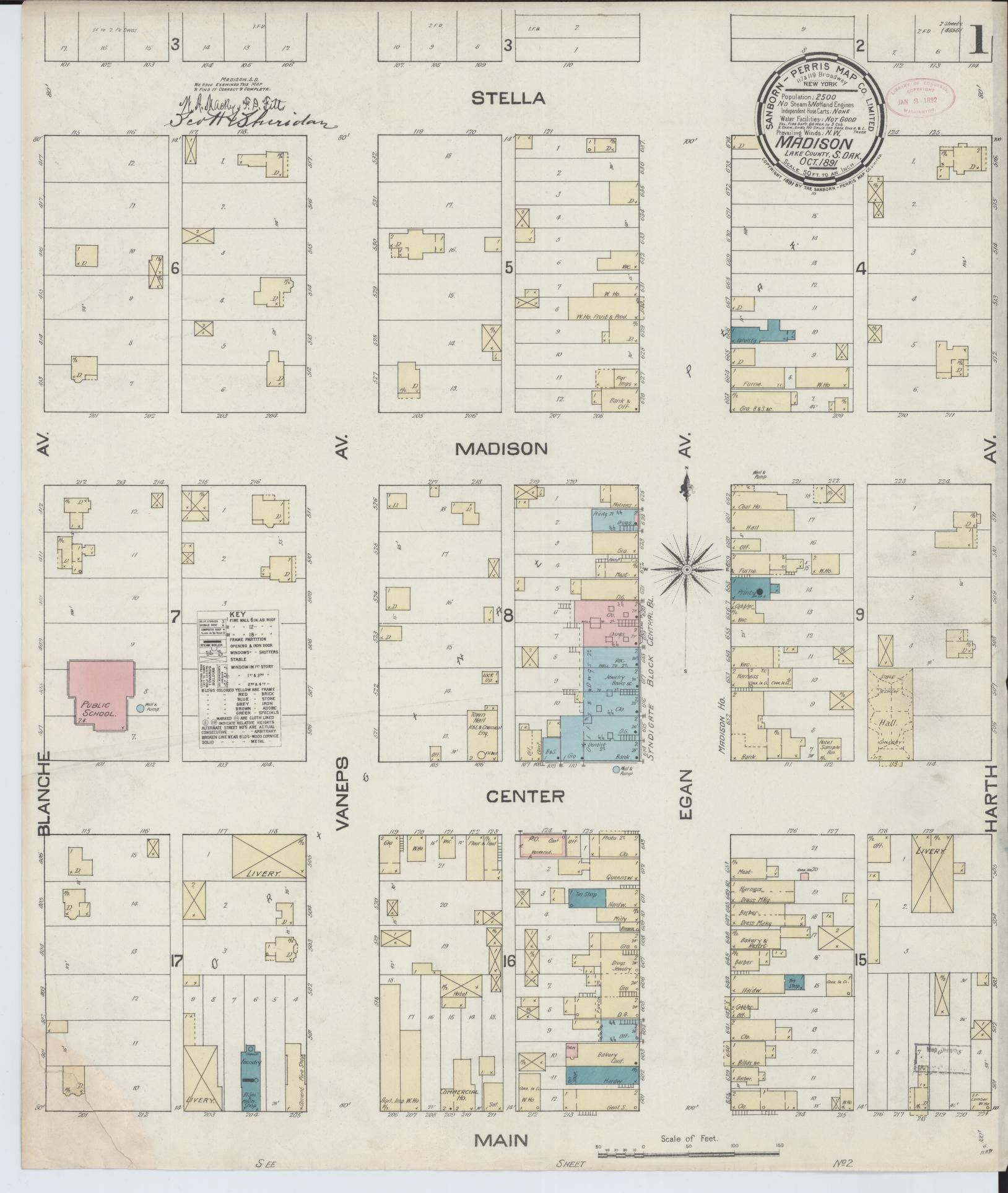 Sanborn Fire Insurance Map from Madison, Lake County, South Dakota (1891), Sheet #0001 - Historic Sanborn Fire Insurance Map Print, vintage old map wall art, antique decor, genealogy gift, South Dakota South Dakota map