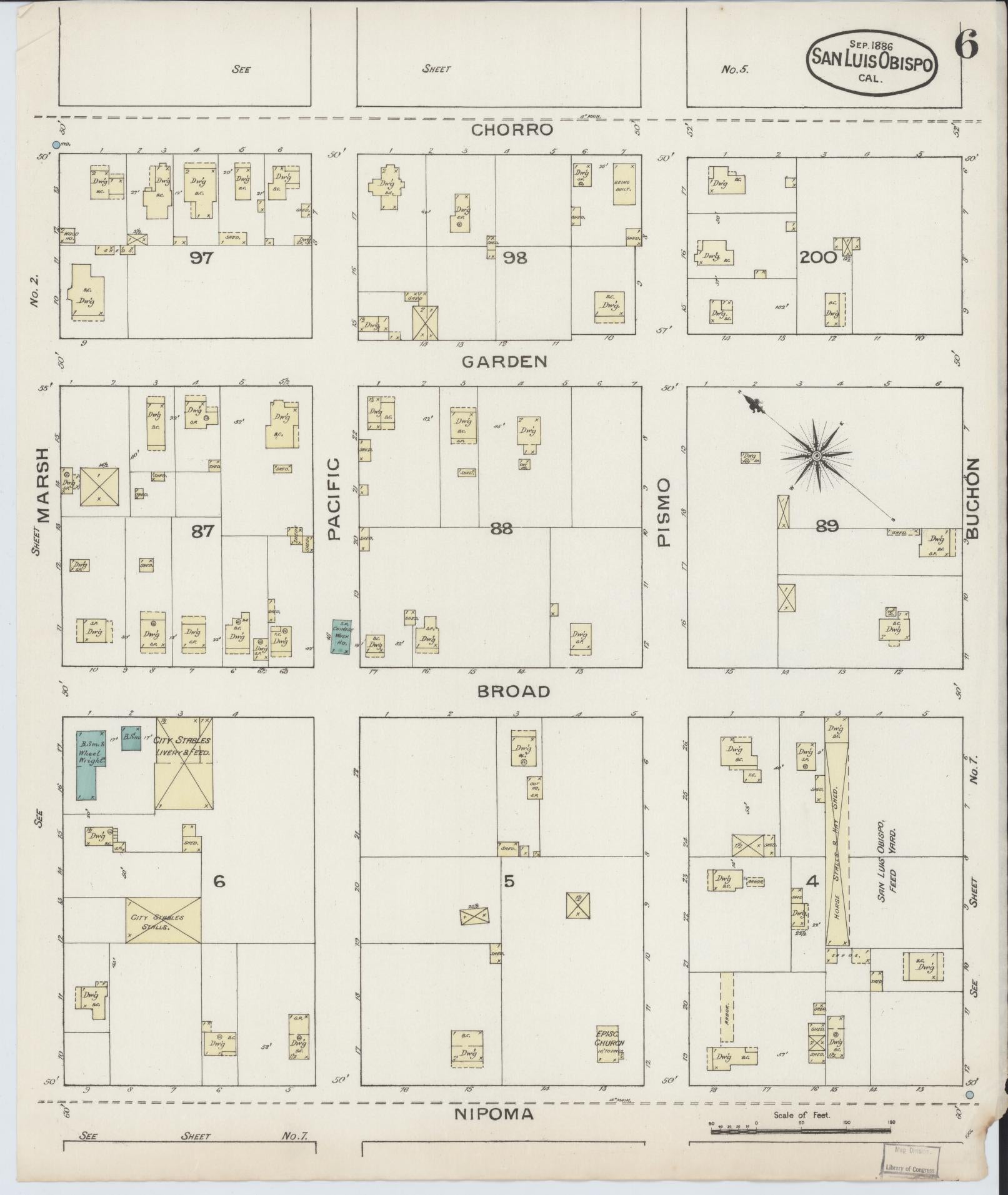 Sanborn Fire Insurance Map from San Luis Obispo, San Luis Obispo County, California (1886), Sheet #0006 - Complete Map Set gallery image, historic Sanborn map, vintage wall art, California California
