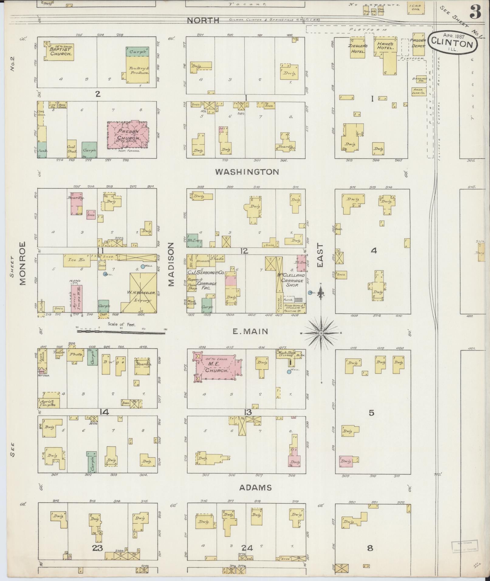 Sanborn Fire Insurance Map from Clinton, De Witt County, Illinois (1887), Sheet #0003 - Historic Sanborn Fire Insurance Map Print, vintage old map wall art, antique decor, genealogy gift, Illinois Illinois map