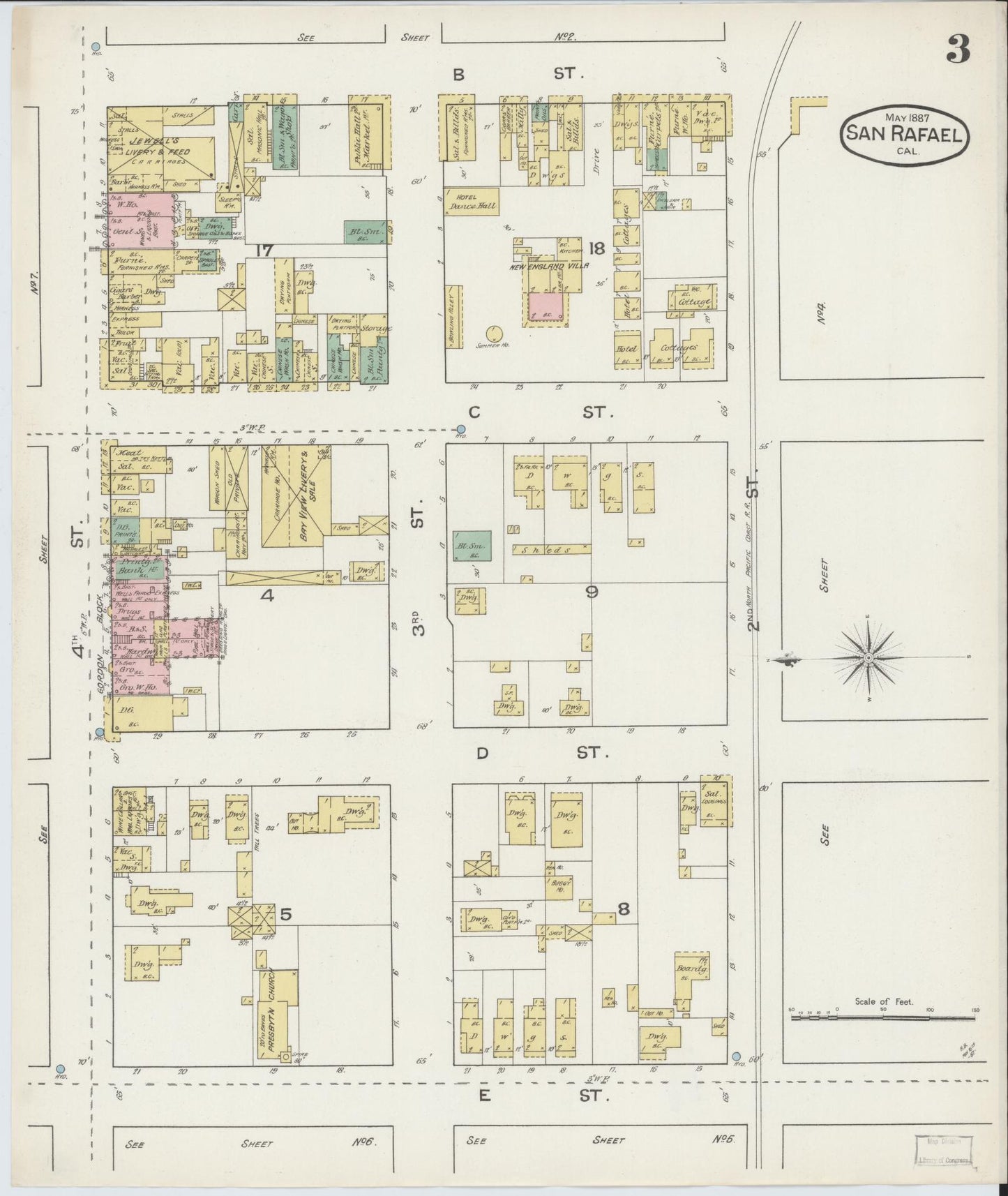 Sanborn Fire Insurance Map from San Rafael, Marin County, California (1887), Sheet #0003 - Complete Map Set gallery image, historic Sanborn map, vintage wall art, California California