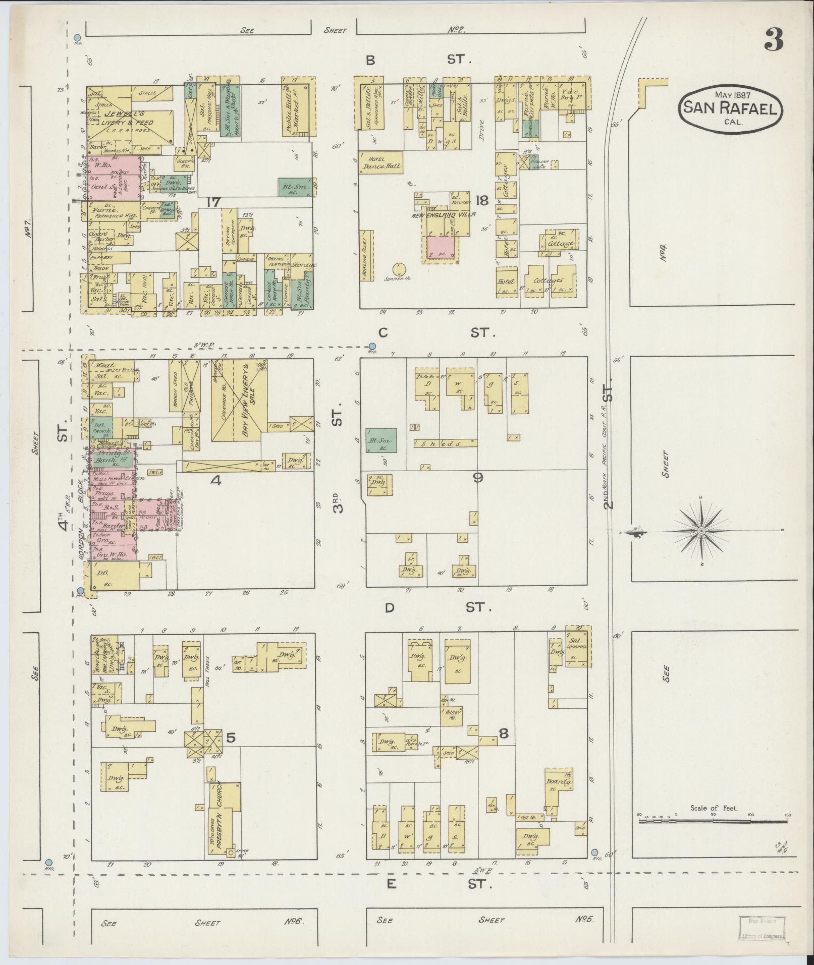 Sanborn Fire Insurance Map from San Rafael, Marin County, California (1887), Sheet #0003 - Complete Map Set gallery image, historic Sanborn map, vintage wall art, California California