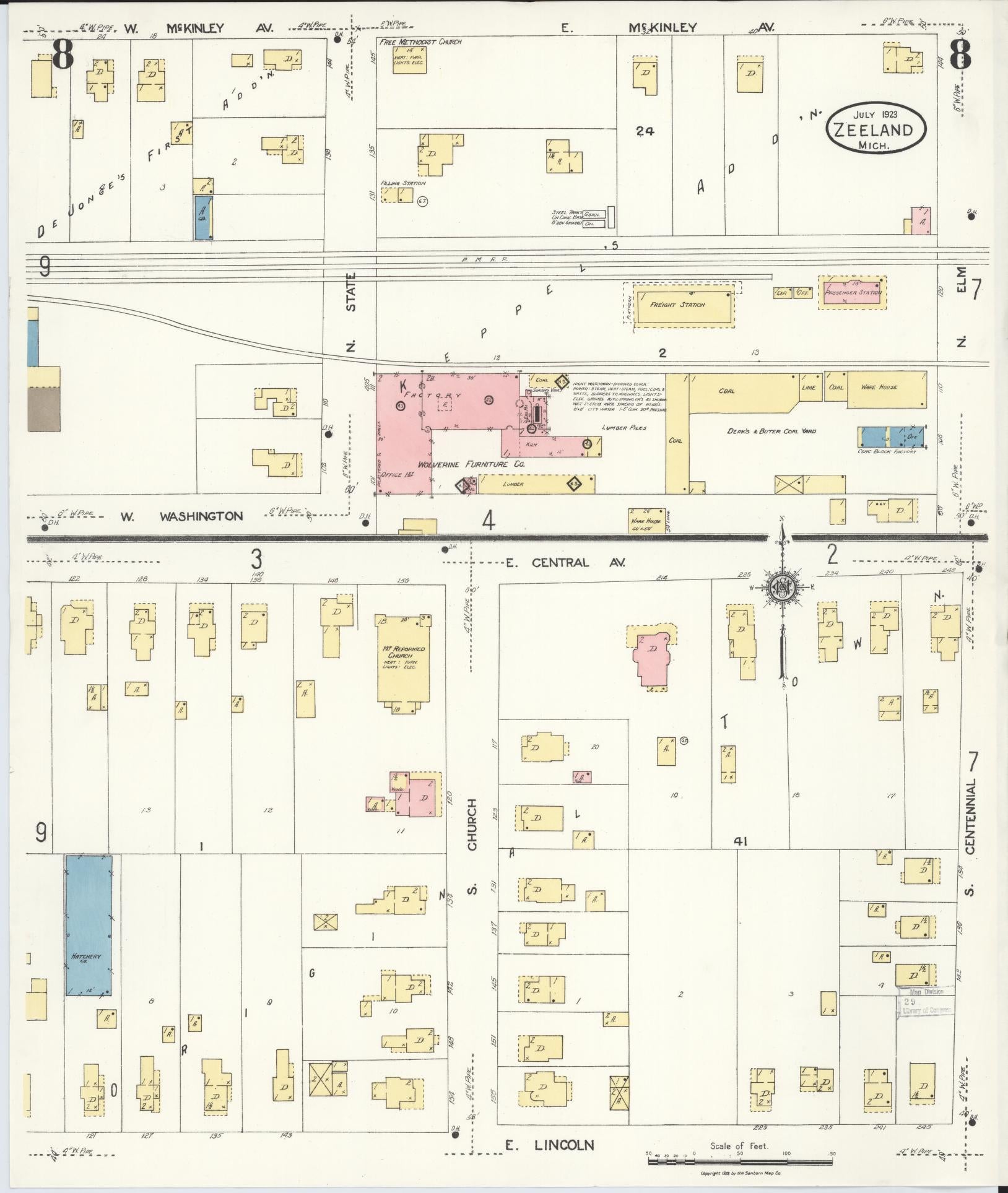 Sanborn Fire Insurance Map from Zeeland, Ottawa County, Michigan (1923), Sheet #0008 - Complete Map Set gallery image, historic Sanborn map, vintage wall art, Michigan Michigan