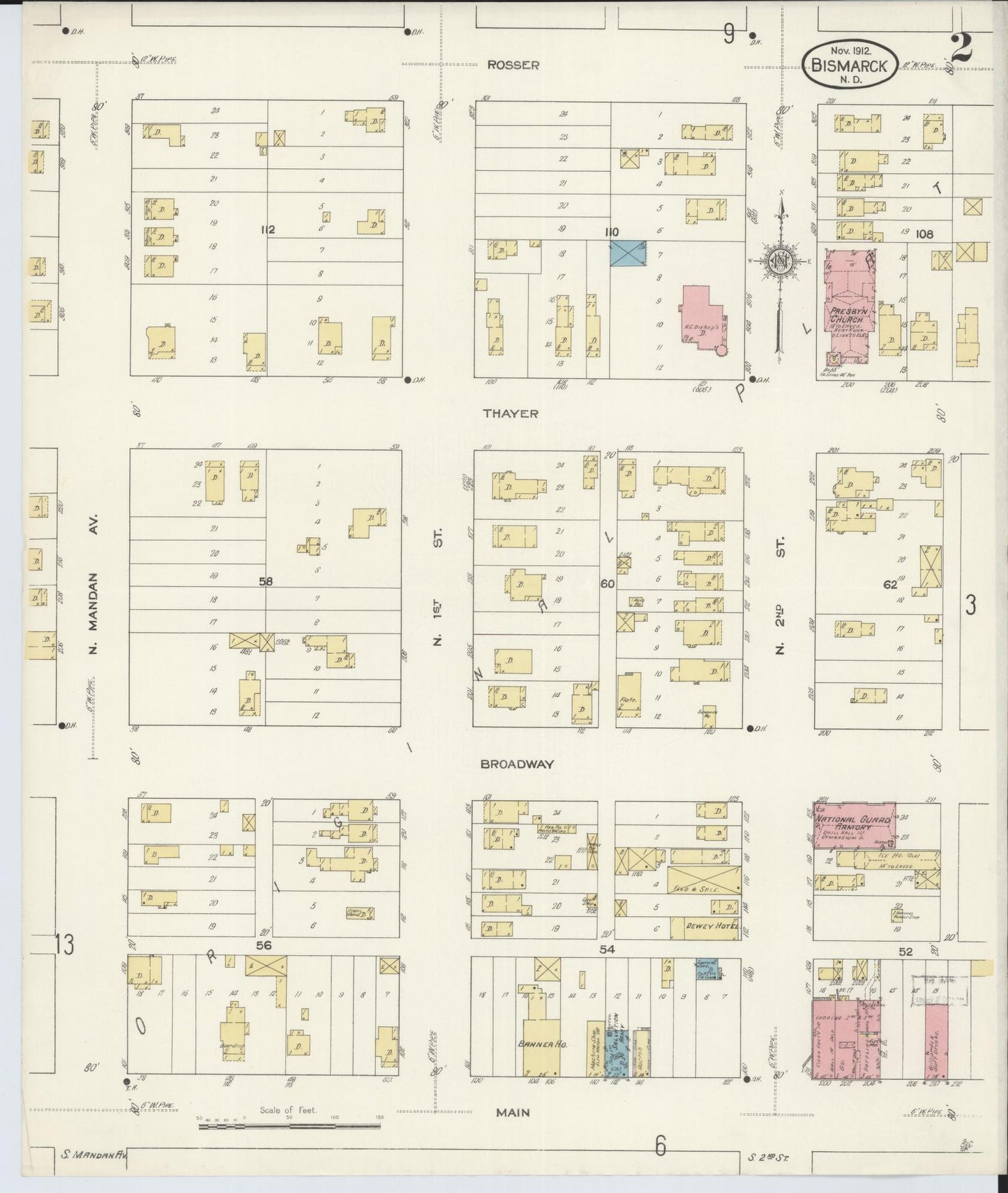 Sanborn Fire Insurance Map from Bismarck, Burleigh County, North Dakota (1912), Sheet #0002 - Complete Map Set gallery image, historic Sanborn map, vintage wall art, North Dakota North Dakota