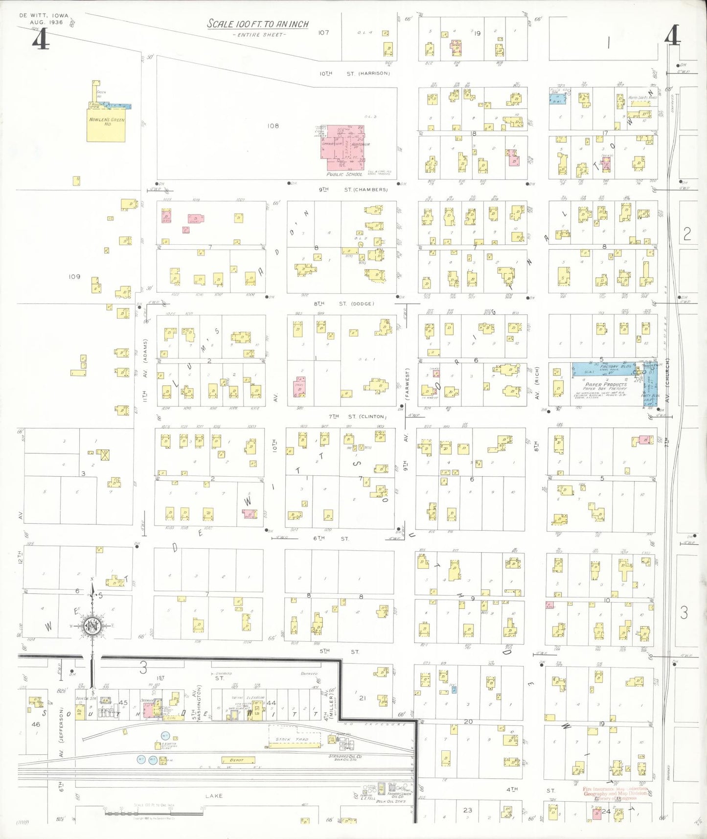 Sanborn Fire Insurance Map from De Witt, Clinton County, Iowa (1936), Sheet #0004 - Historic Sanborn Fire Insurance Map Print, vintage old map wall art