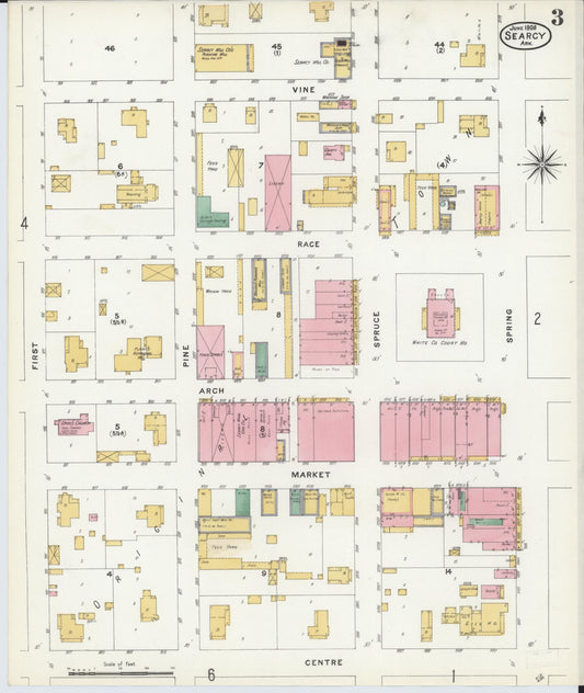 Sanborn Fire Insurance Map from Searcy, White County, Arkansas (1908), Sheet #0003 - Historic Sanborn Fire Insurance Map Print, vintage old map wall art, antique decor, genealogy gift, Arkansas Arkansas map