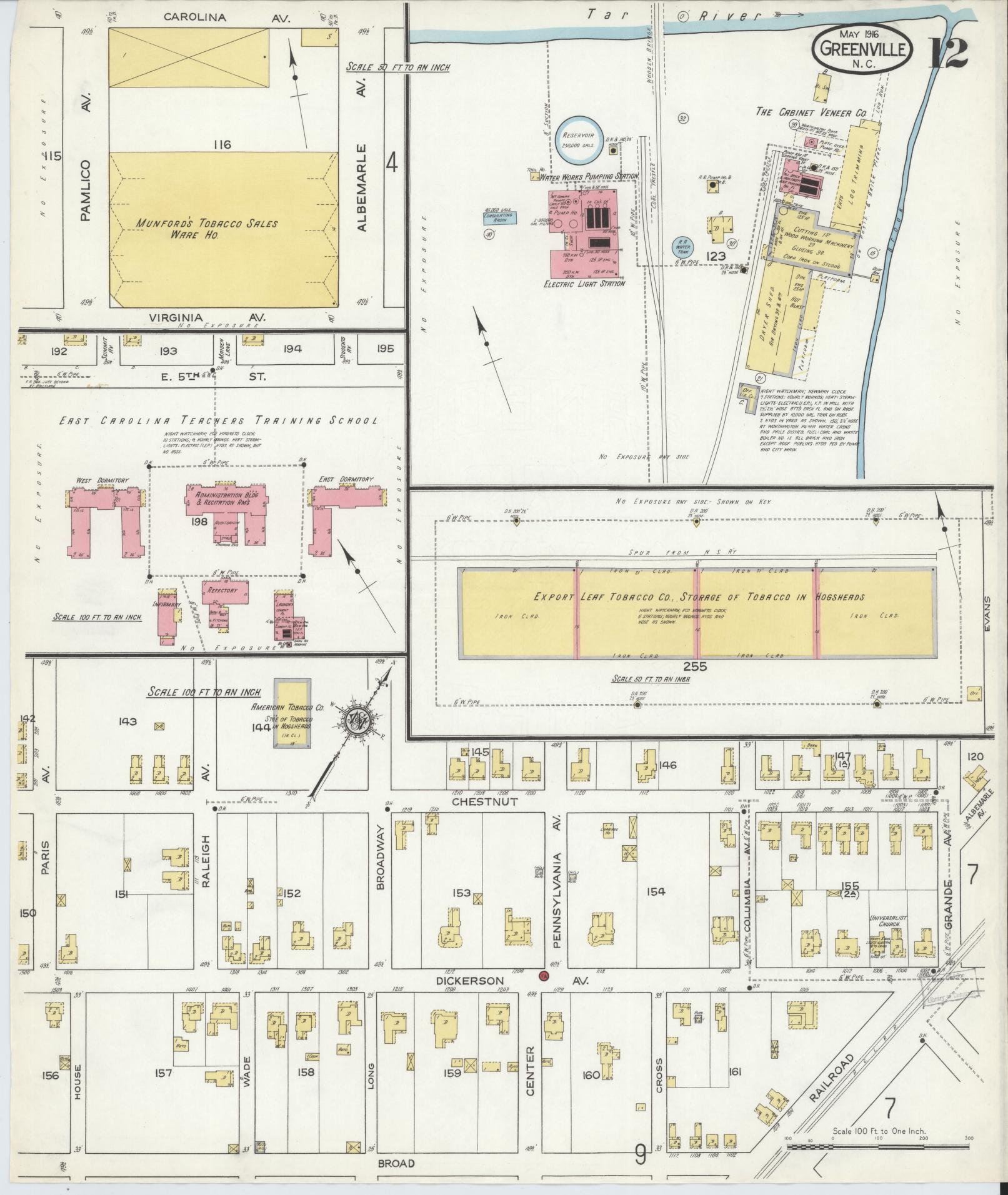 Sanborn Fire Insurance Map from Greenville, Pitt County, North Carolina (1916), Sheet #0012 - Historic Sanborn Fire Insurance Map Print, vintage old map wall art, antique decor, genealogy gift, North Carolina North Carolina map