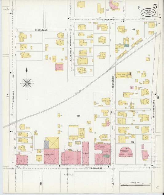 Sanborn Fire Insurance Map from Jackson, Madison County, Tennessee (1907), Sheet #0005 - Historic Sanborn Fire Insurance Map Print, vintage old map wall art, antique decor, genealogy gift, Tennessee Tennessee map