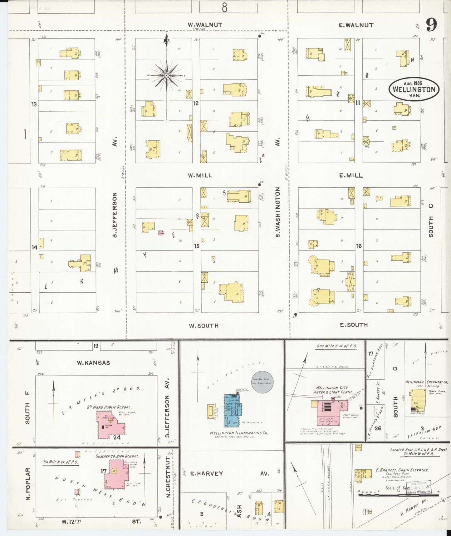 Sanborn Fire Insurance Map from Wellington, Sumner County, Kansas (1905), Sheet #0009 - Complete Map Set gallery image, historic Sanborn map, vintage wall art, Kansas Kansas