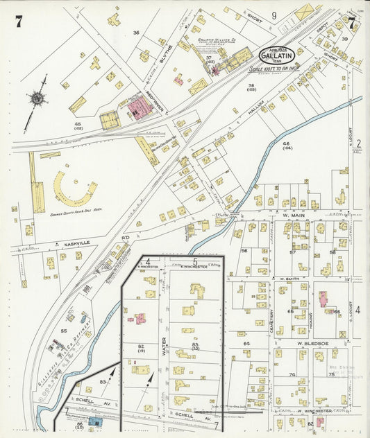 Sanborn Fire Insurance Map from Gallatin, Sumner County, Tennessee (1924), Sheet #0007 - Historic Sanborn Fire Insurance Map Print, vintage old map wall art, antique decor, genealogy gift, Tennessee Tennessee map