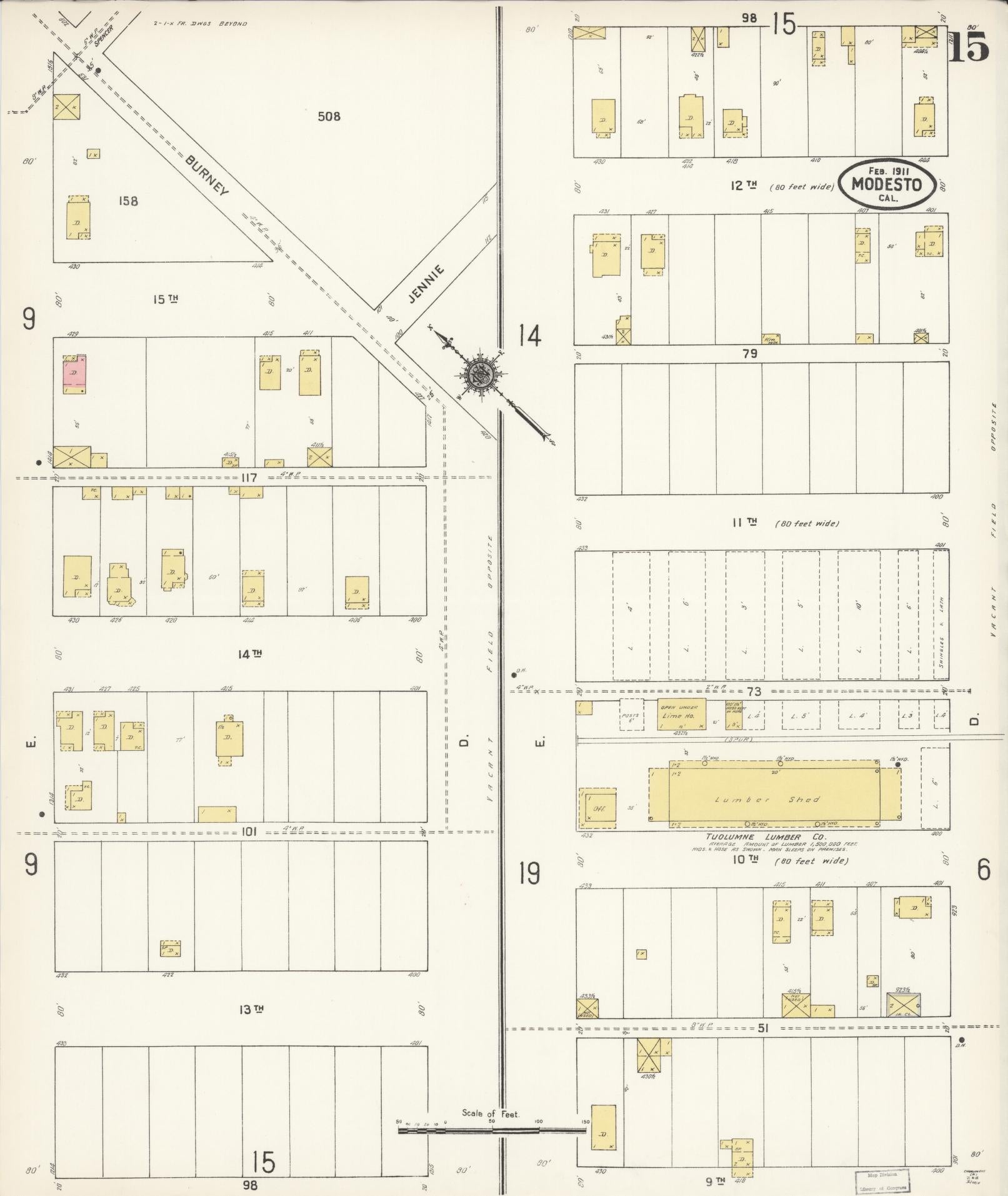 Sanborn Fire Insurance Map from Modesto, Stanislaus County, California (1911), Sheet #0015 - Historic Sanborn Fire Insurance Map Print, vintage old map wall art, antique decor, genealogy gift, California California map