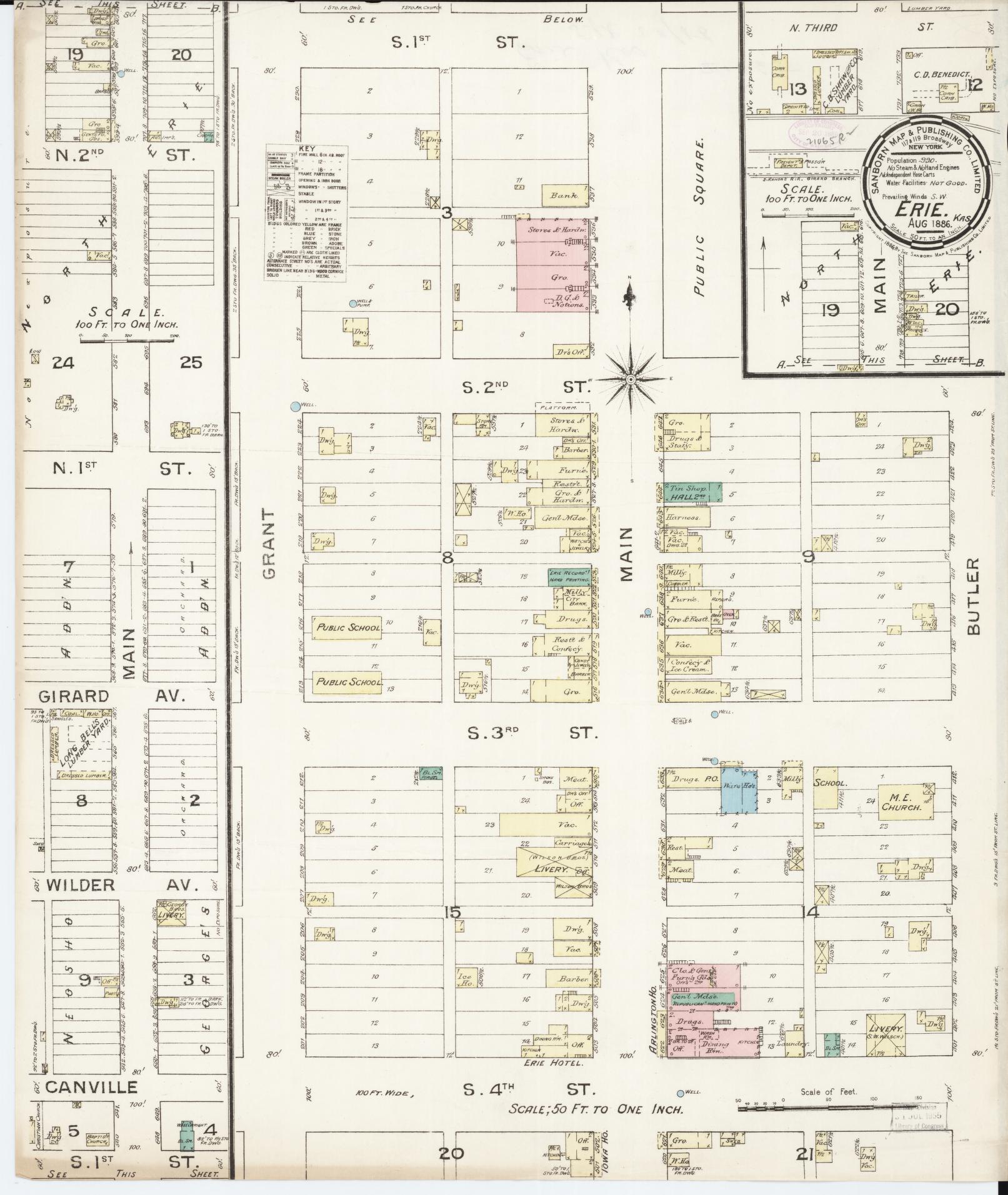 Sanborn Fire Insurance Map from Erie, Neosho County, Kansas (1886), Sheet #0001 - Historic Sanborn Fire Insurance Map Print, vintage old map wall art, antique decor, genealogy gift, Kansas Kansas map