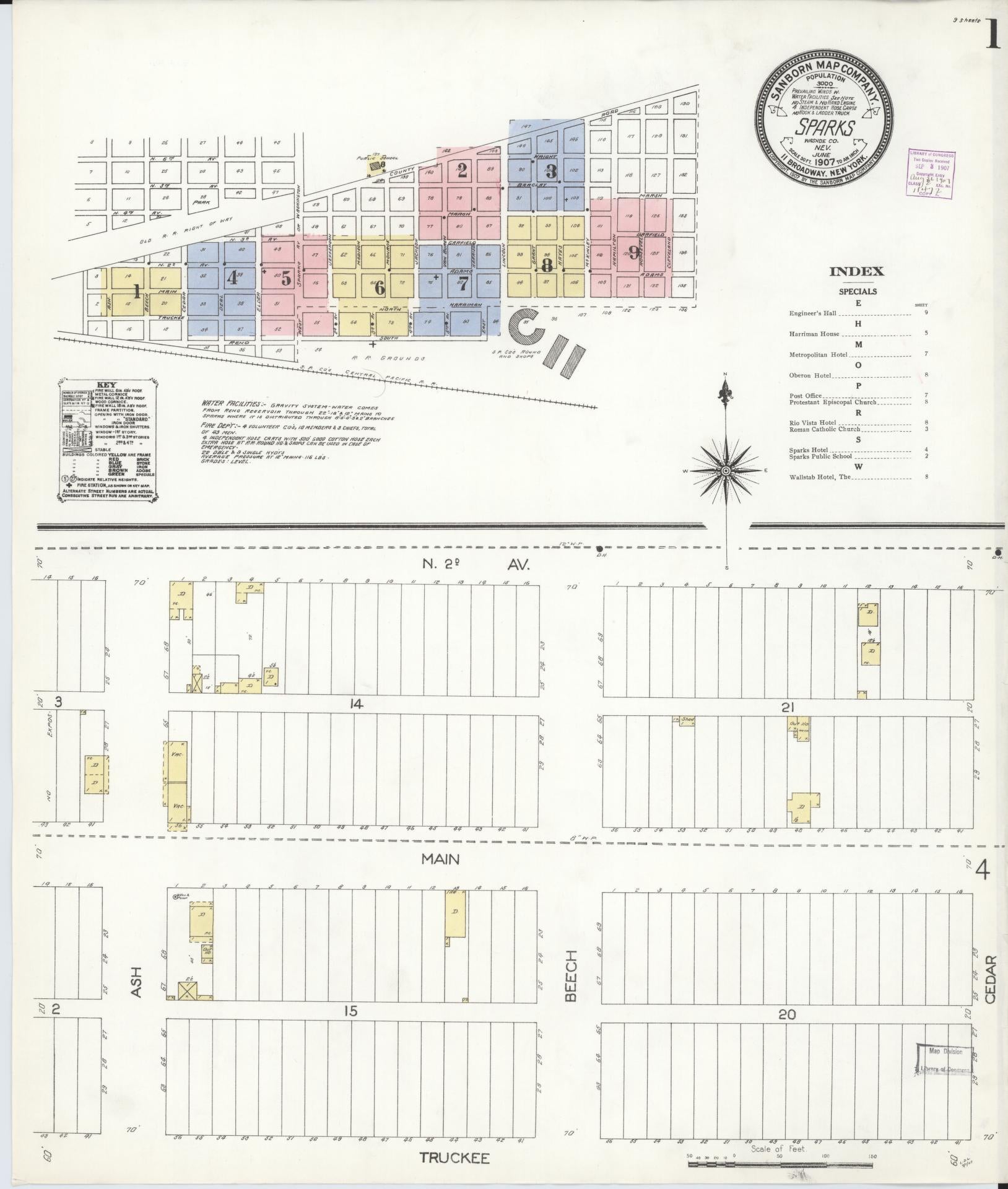 Sanborn Fire Insurance Map from Sparks, Washoe County, Nevada (1907), Sheet #0001 - Historic Sanborn Fire Insurance Map Print, vintage old map wall art, antique decor, genealogy gift, Nevada Nevada map
