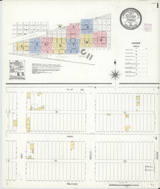 Sanborn Fire Insurance Map from Sparks, Washoe County, Nevada (1907), Sheet #0001 - Historic Sanborn Fire Insurance Map Print, vintage old map wall art, antique decor, genealogy gift, Nevada Nevada map