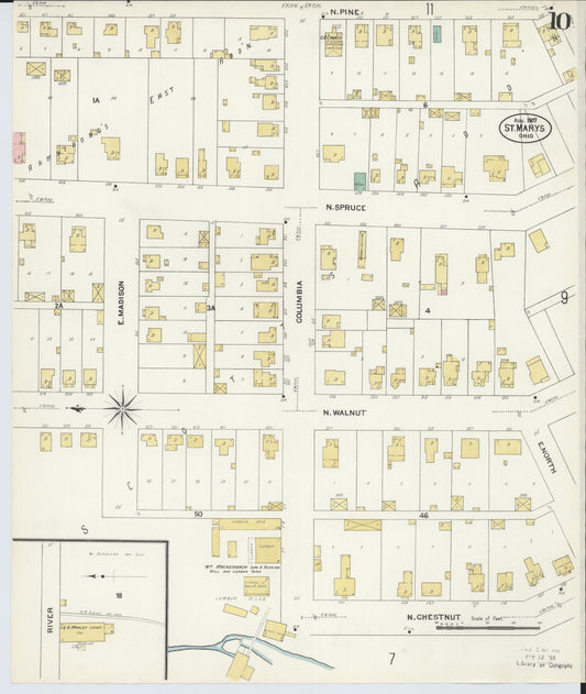 Sanborn Fire Insurance Map from Saint Marys, Auglaize County, Ohio (1907), Sheet #0010 - Historic Sanborn Fire Insurance Map Print, vintage old map wall art, antique decor, genealogy gift, Ohio Ohio map