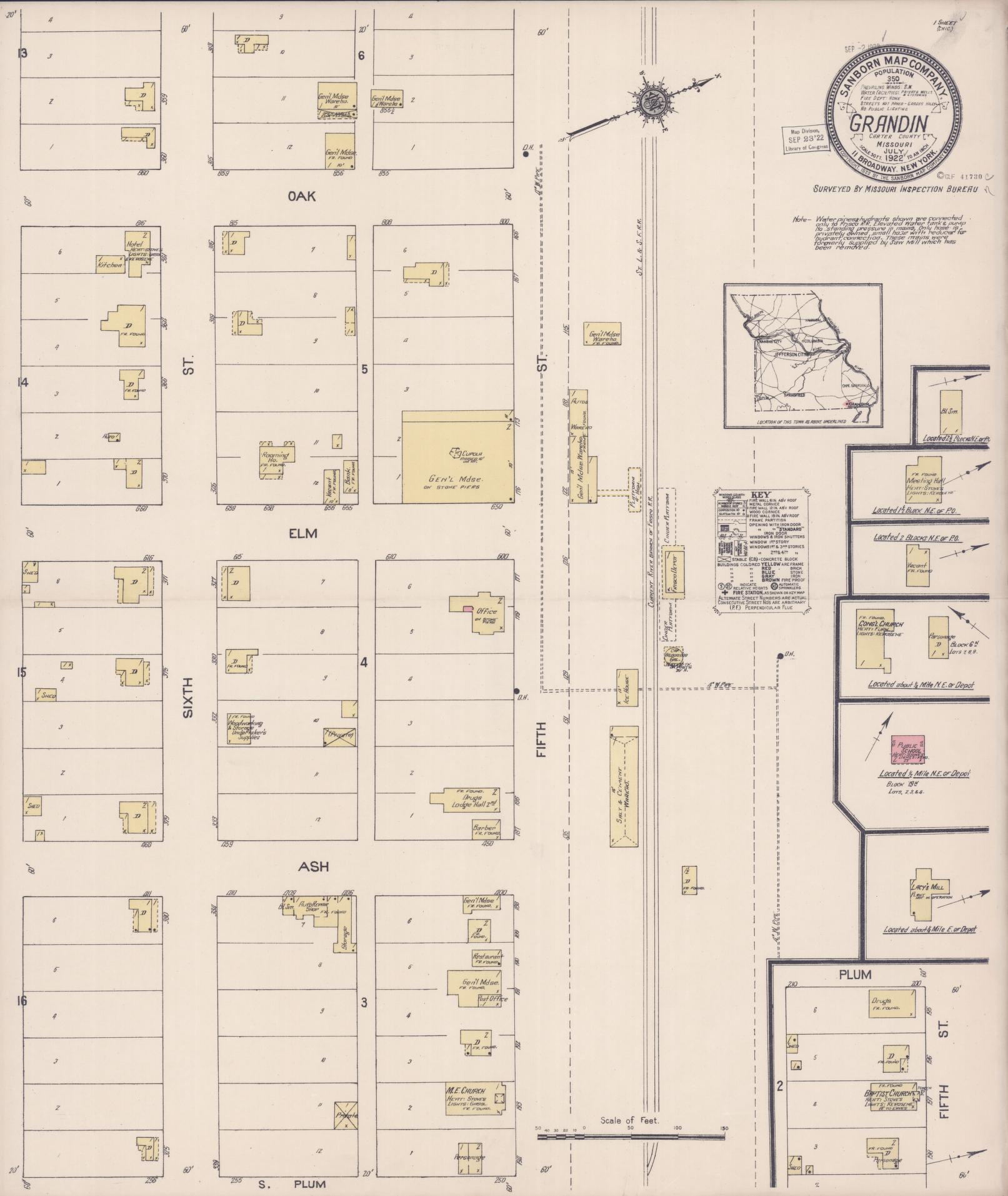 Sanborn Fire Insurance Map from Grandin, Carter County, Missouri (1922), Sheet #0001 - Historic Sanborn Fire Insurance Map Print, vintage old map wall art, antique decor, genealogy gift, Missouri Missouri map