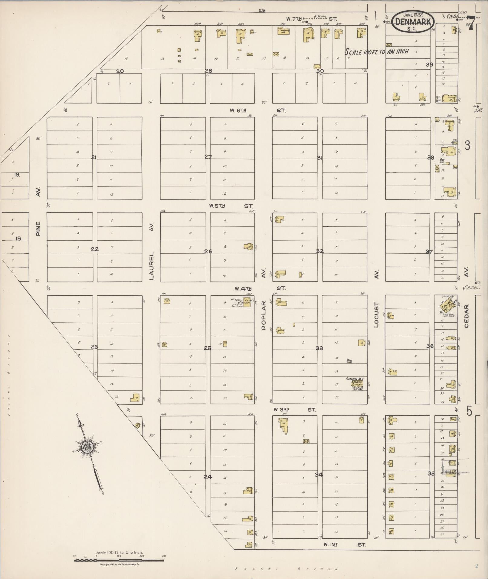 Sanborn Fire Insurance Map from Denmark, Bamberg County, South Carolina (1922), Sheet #0007 - Complete Map Set gallery image, historic Sanborn map, vintage wall art, South Carolina South Carolina