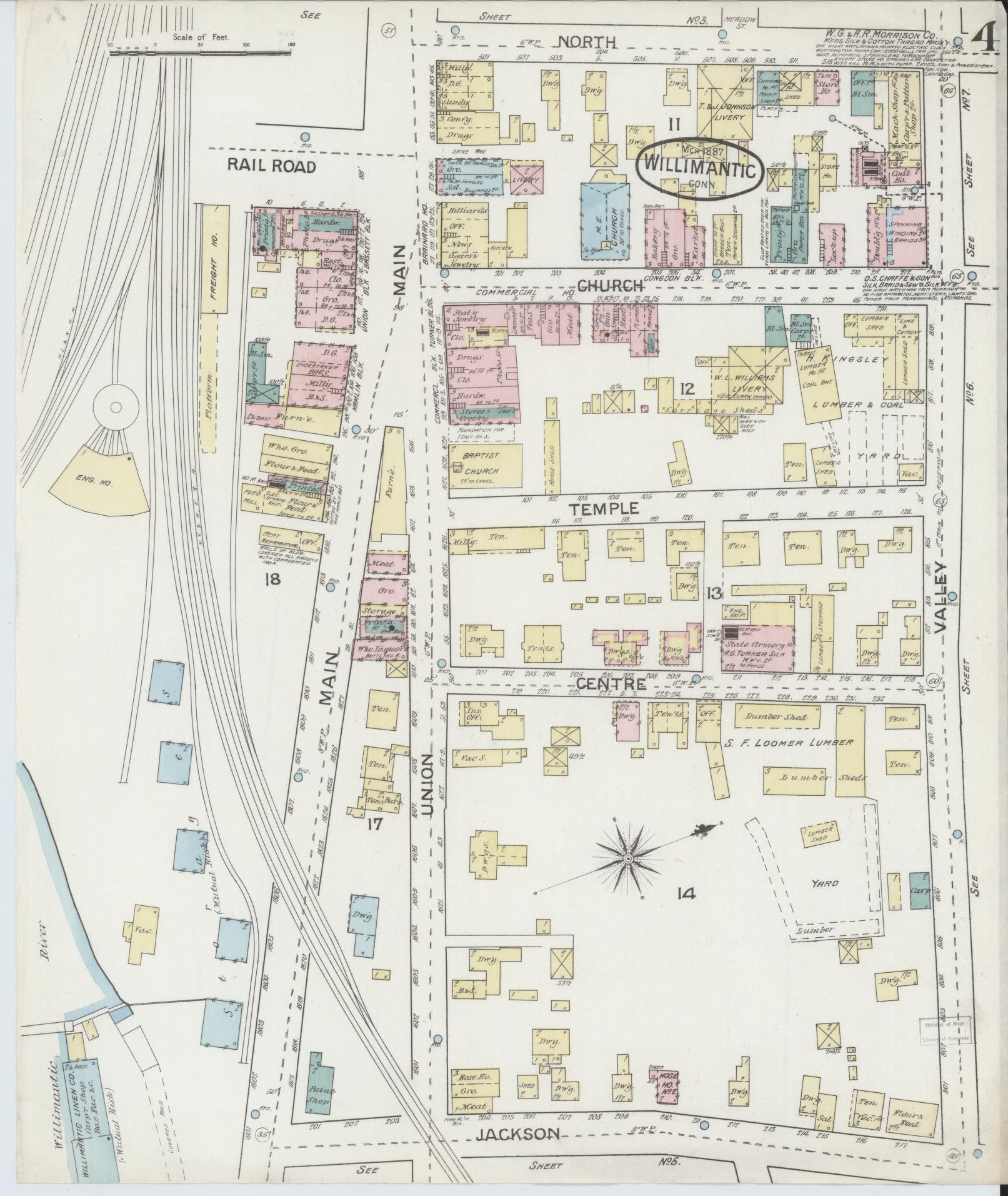 Sanborn Fire Insurance Map from Willimantic, Windham County, Connecticut (1887), Sheet #0004 - Historic Sanborn Fire Insurance Map Print, vintage old map wall art, antique decor, genealogy gift, Connecticut Connecticut map