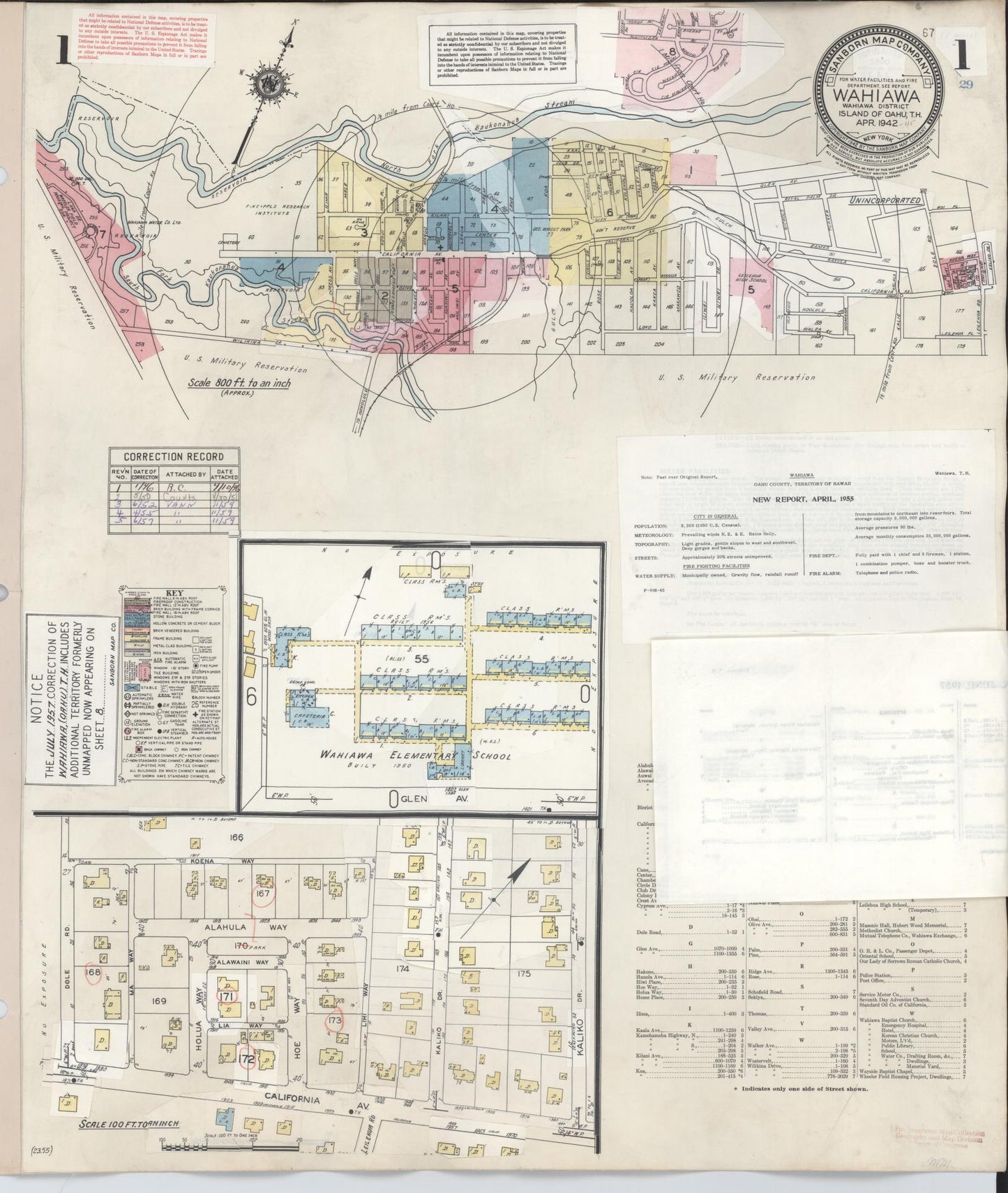 Sanborn Fire Insurance Map from Wahiawa, Honolulu County, Hawaii (1957), Sheet #0001 - Historic Sanborn Fire Insurance Map Print, vintage old map wall art, antique decor, genealogy gift, Hawaii Hawaii map