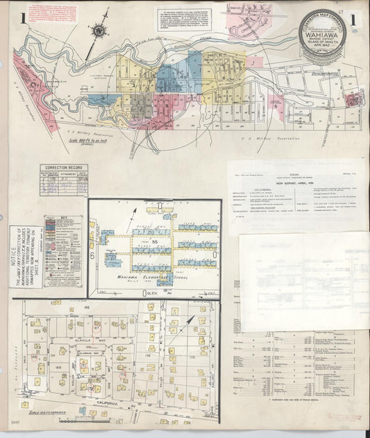 Sanborn Fire Insurance Map from Wahiawa, Honolulu County, Hawaii (1957), Sheet #0001 - Historic Sanborn Fire Insurance Map Print, vintage old map wall art, antique decor, genealogy gift, Hawaii Hawaii map