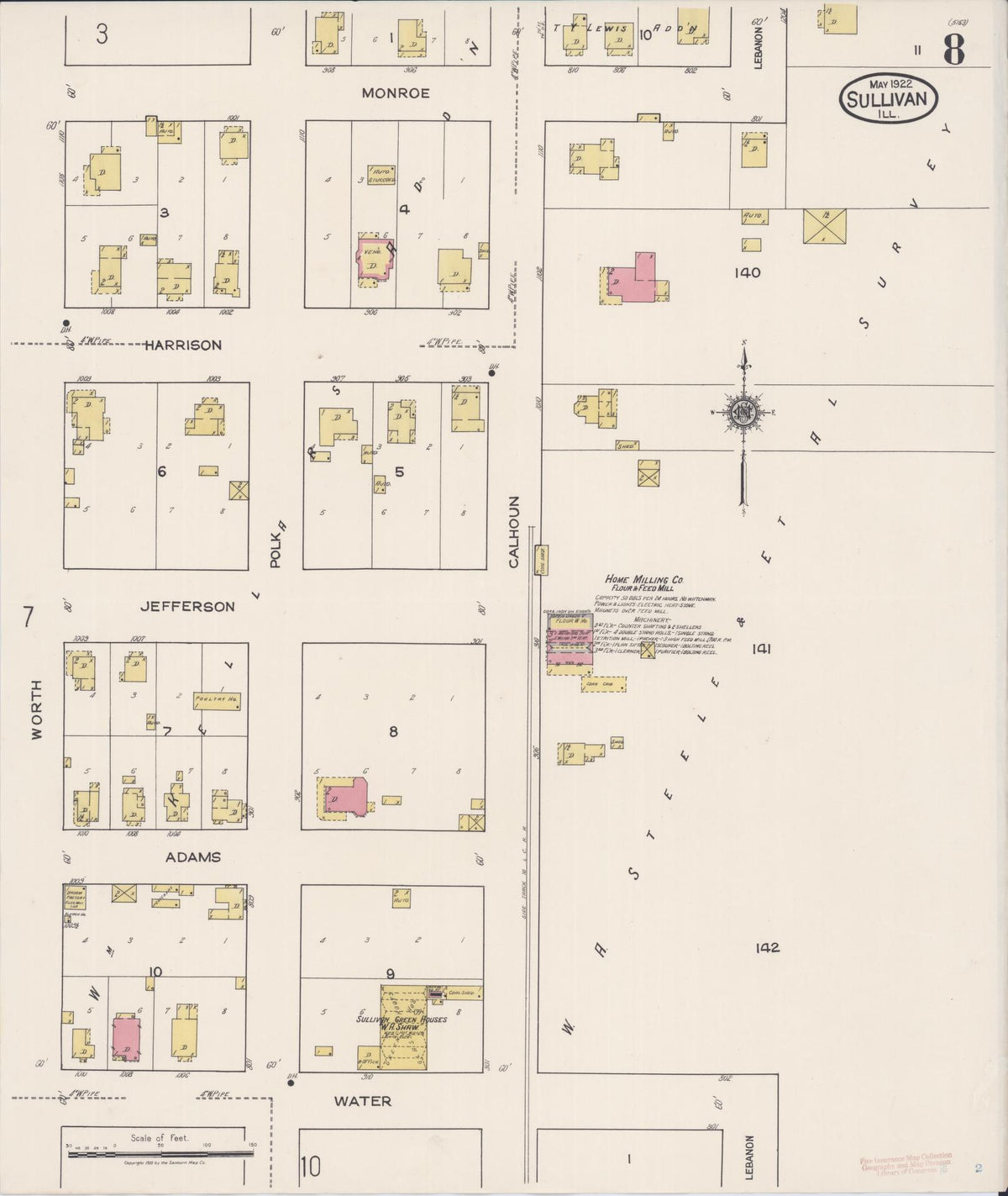 Sanborn Fire Insurance Map from Sullivan, Moultrie County, Illinois (1922), Sheet #0008 - Historic Sanborn Fire Insurance Map Print, vintage old map wall art, antique decor, genealogy gift, Illinois Illinois map