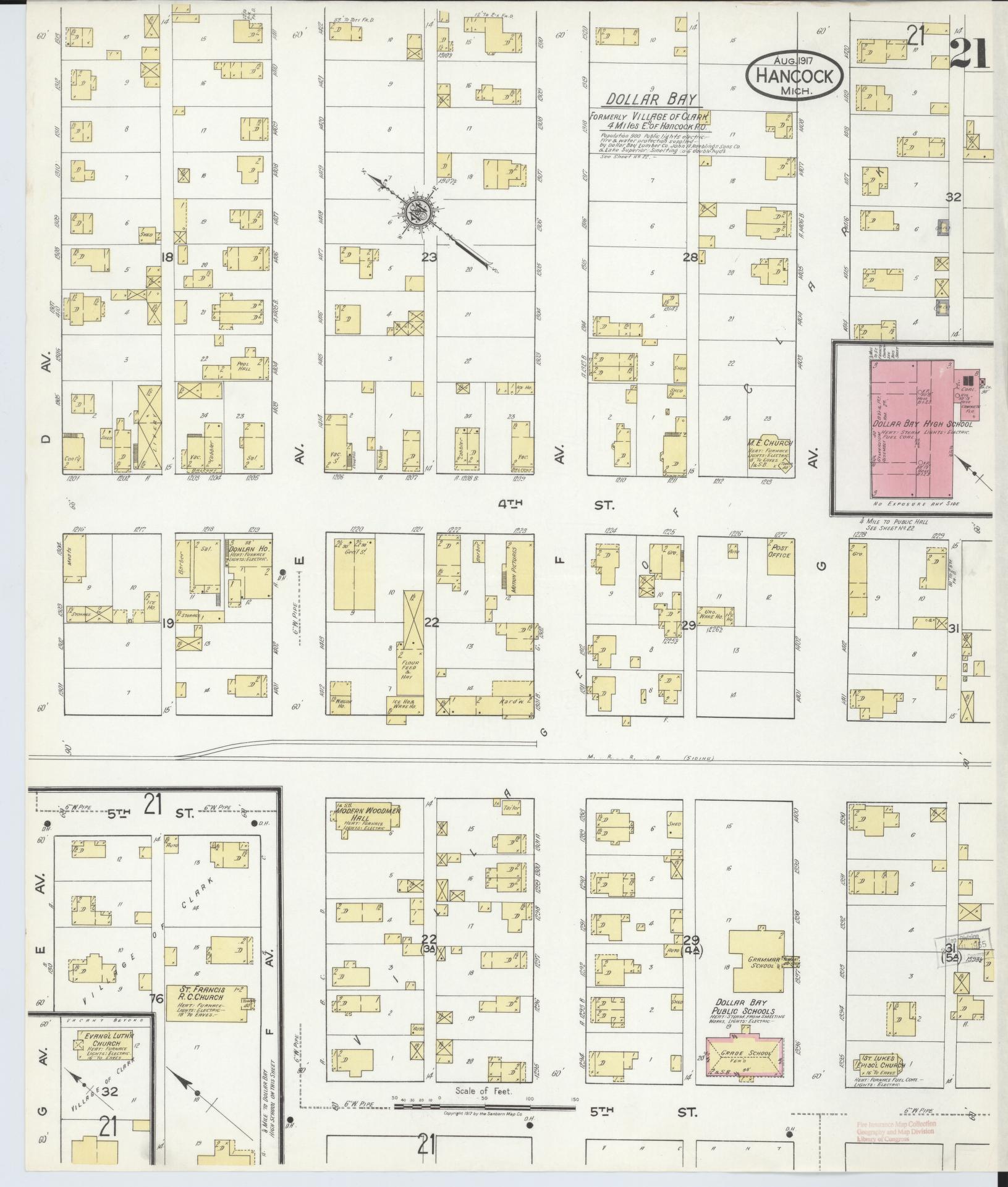 Sanborn Fire Insurance Map from Hancock, Houghton County, Michigan (1917), Sheet #0021 - Complete Map Set gallery image, historic Sanborn map, vintage wall art, Michigan Michigan