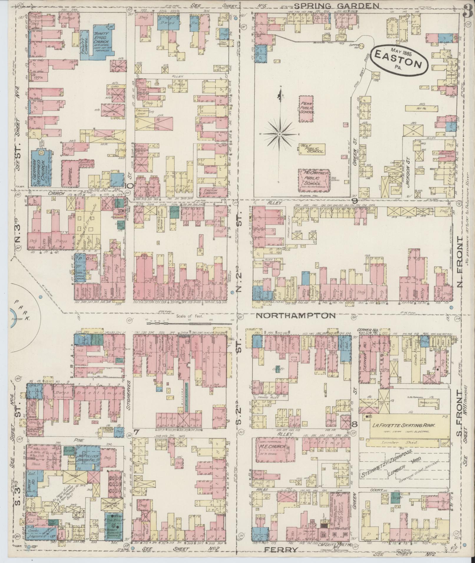 Sanborn Fire Insurance Map from Easton, Northampton County, Pennsylvania (1885), Sheet #0003 - Historic Sanborn Fire Insurance Map Print, vintage old map wall art, antique decor, genealogy gift, Pennsylvania Pennsylvania map