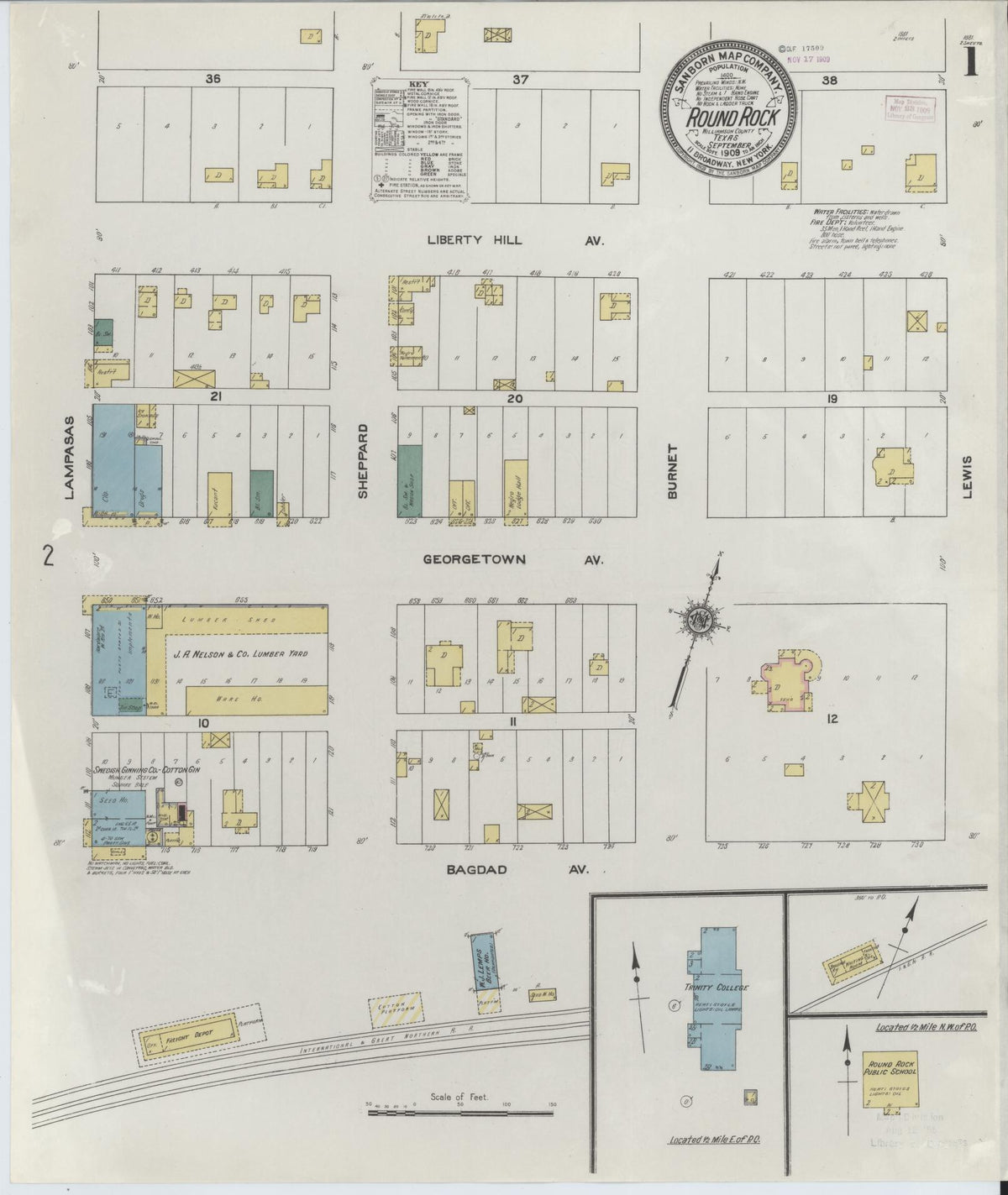 Sanborn Fire Insurance Map from Round Rock, Williamson County, Texas (1909), Sheet #0001 - Complete Map Set gallery image, historic Sanborn map, vintage wall art, Texas Texas