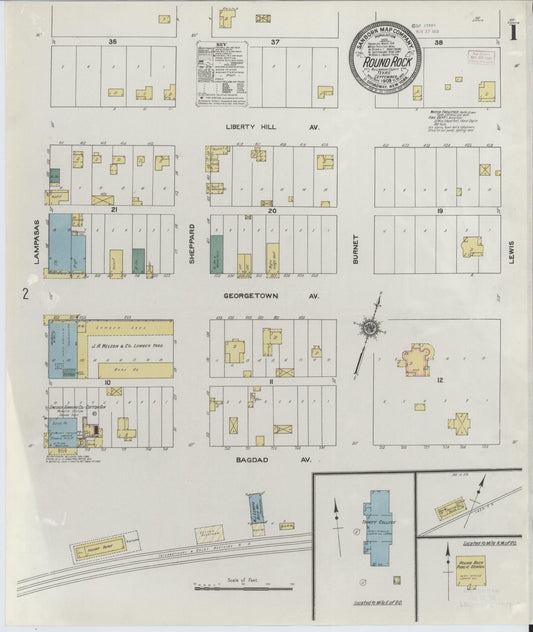 Sanborn Fire Insurance Map from Round Rock, Williamson County, Texas (1909), Sheet #0001 - Complete Map Set gallery image, historic Sanborn map, vintage wall art, Texas Texas