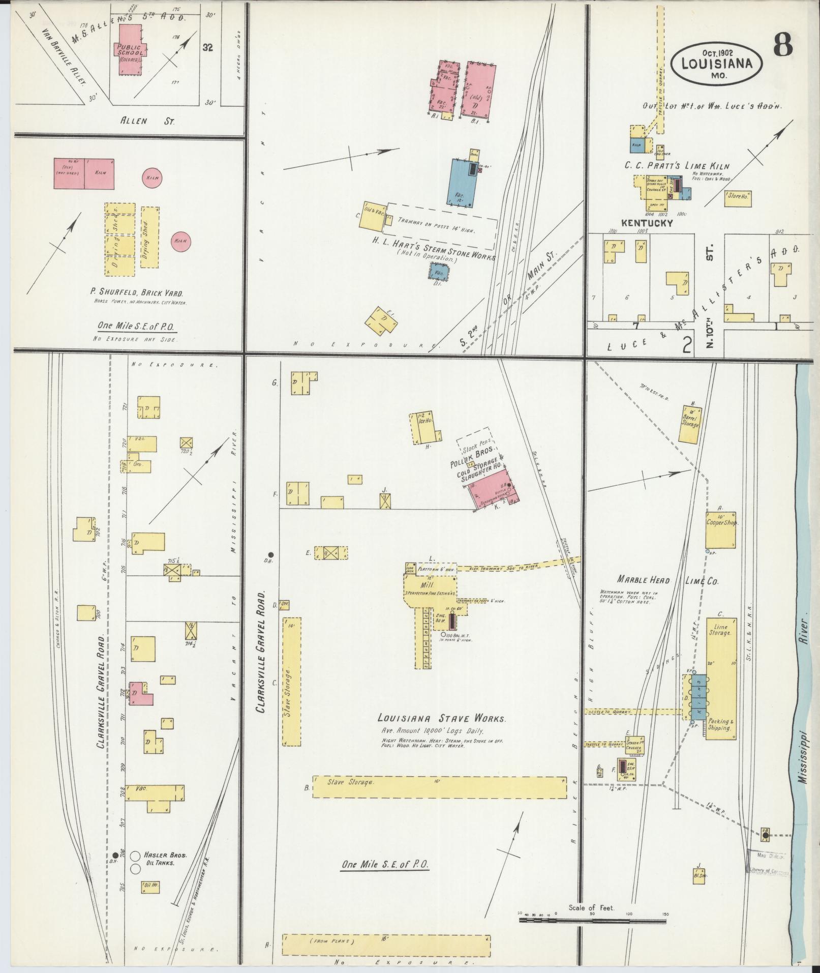 Sanborn Fire Insurance Map from Louisiana, Pike County, Missouri (1902), Sheet #0008 - Complete Map Set gallery image, historic Sanborn map, vintage wall art, Missouri Missouri
