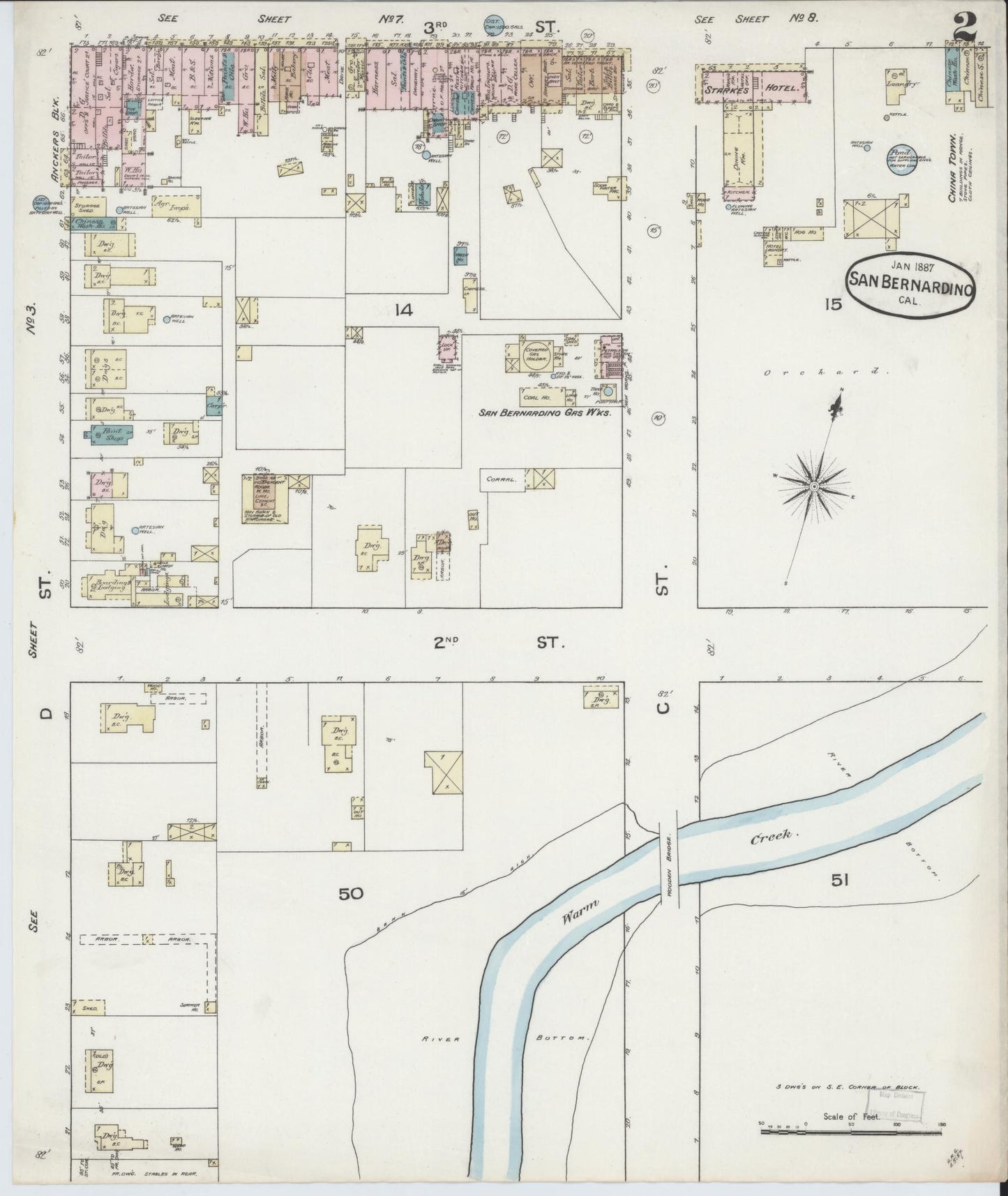 Sanborn Fire Insurance Map from San Bernardino, San Bernardino County, California (1887), Sheet #0002 - Complete Map Set gallery image, historic Sanborn map, vintage wall art, California California