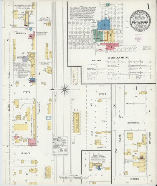 Sanborn Fire Insurance Map from Weatherford, Custer County, Oklahoma (1905), Sheet #0001 - Historic Sanborn Fire Insurance Map Print, vintage old map wall art, antique decor, genealogy gift, Oklahoma Oklahoma map