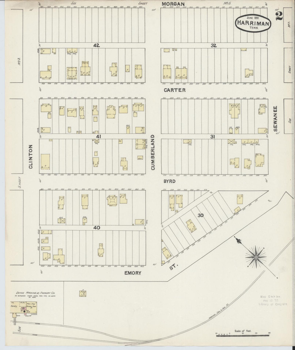 Sanborn Fire Insurance Map from Harriman, Roane County, Tennessee (1891), Sheet #0002 - Complete Map Set gallery image, historic Sanborn map, vintage wall art, Tennessee Tennessee
