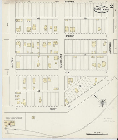 Sanborn Fire Insurance Map from Harriman, Roane County, Tennessee (1891), Sheet #0002 - Complete Map Set gallery image, historic Sanborn map, vintage wall art, Tennessee Tennessee